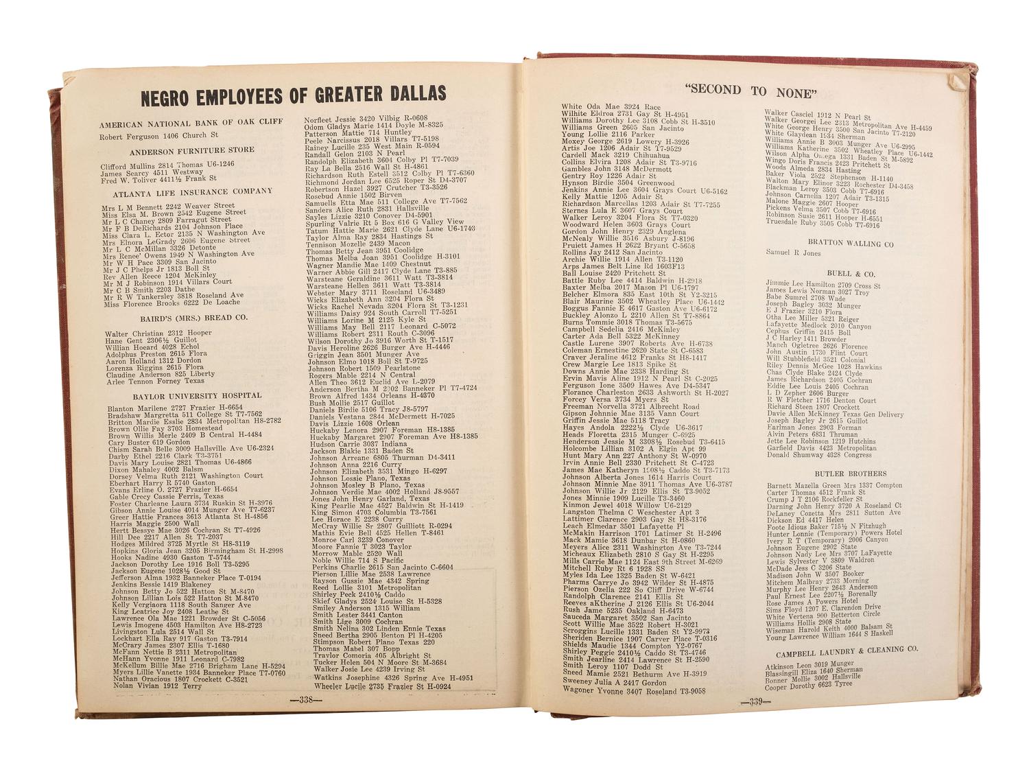 GILBERT, Don, ed. Negro City Directory, 1947-1948. Dallas: Don Gilbert & T.W. Pratt; Dallas Negro Chamber of Commerce, 1947.
