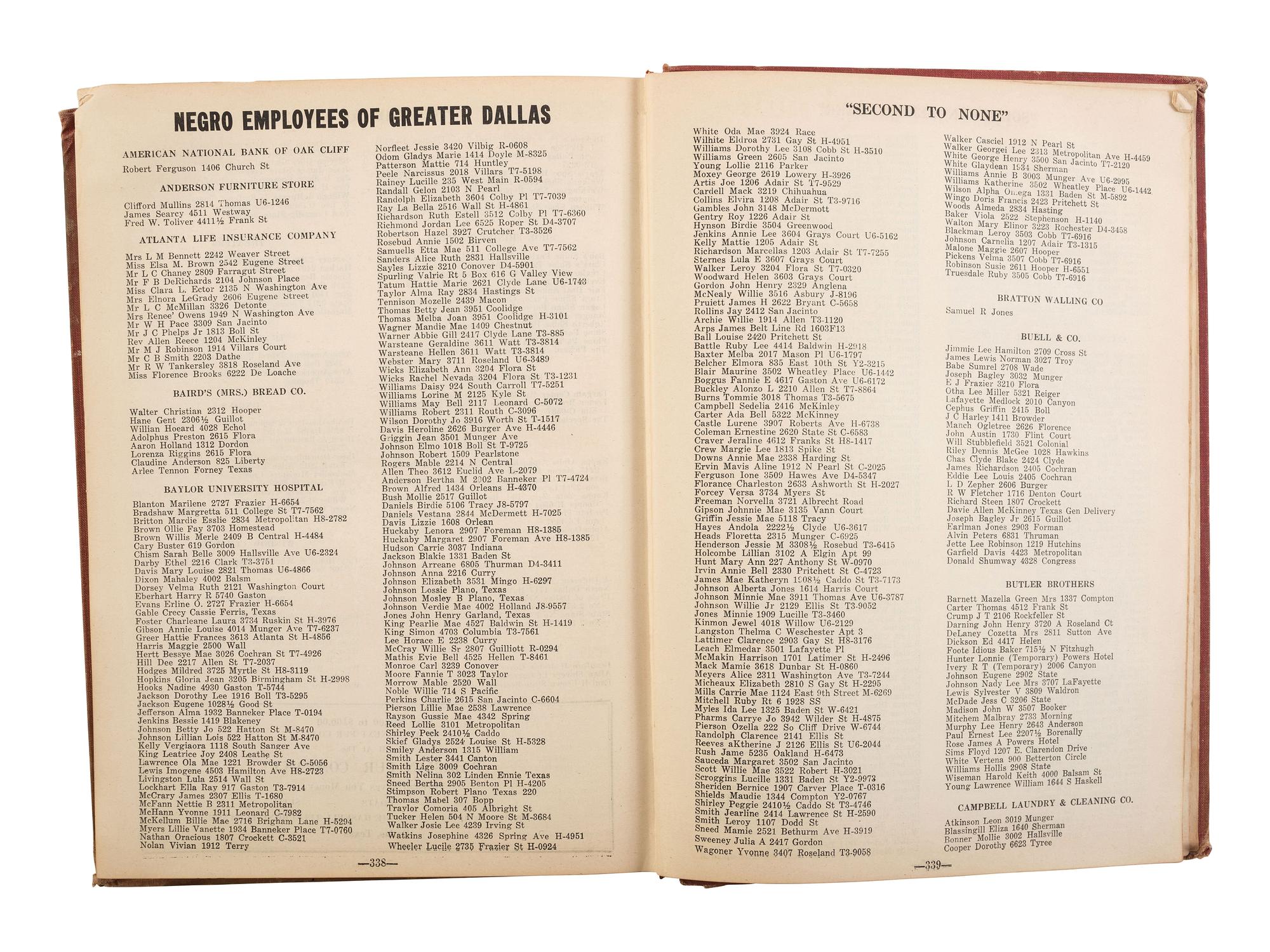 GILBERT, Don, ed. Negro City Directory, 1947-1948. Dallas: Don Gilbert & T.W. Pratt; Dallas Negro Chamber of Commerce, 1947.