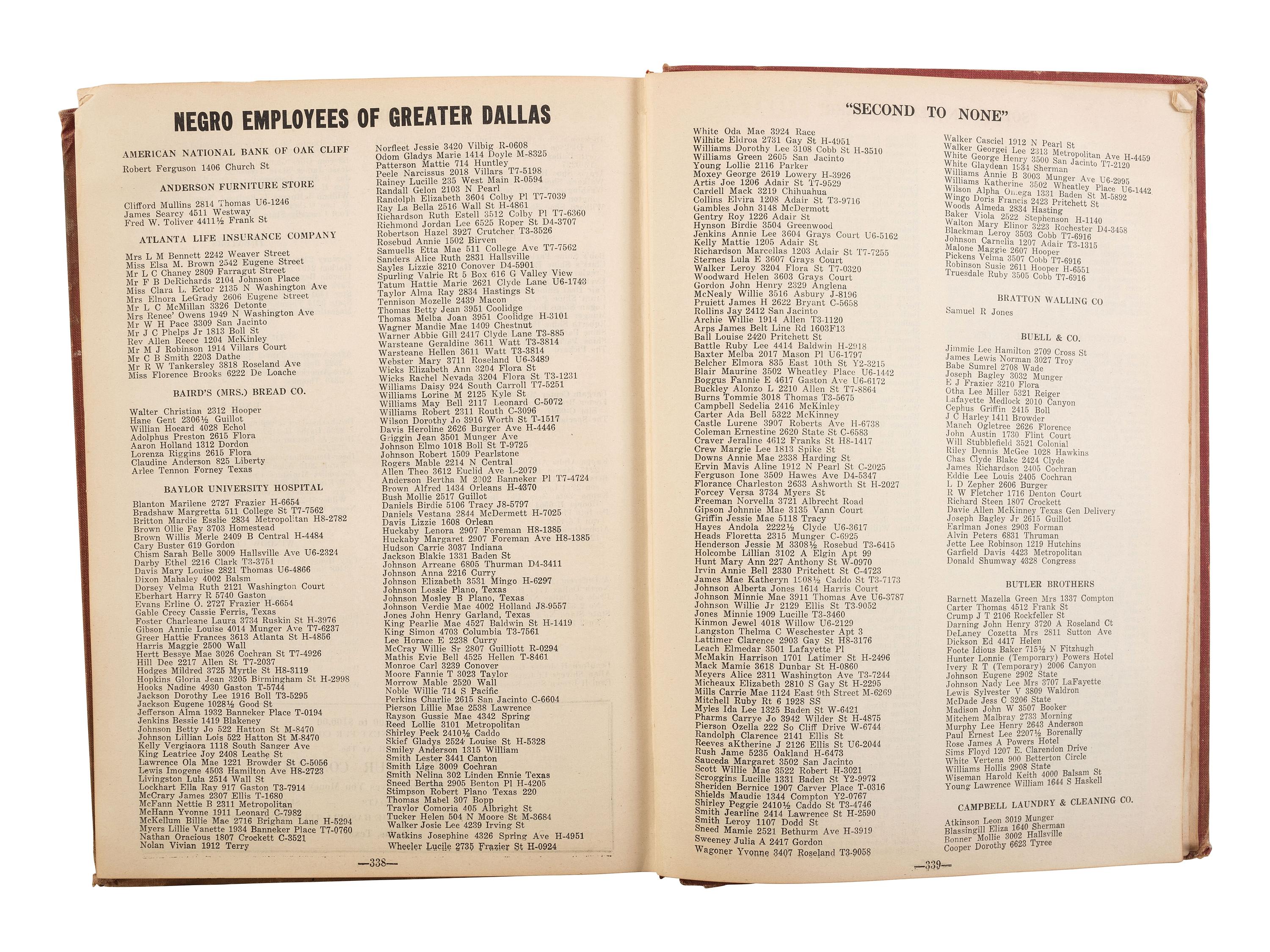 GILBERT, Don, ed. Negro City Directory, 1947-1948. Dallas: Don Gilbert & T.W. Pratt; Dallas Negro Chamber of Commerce, 1947.