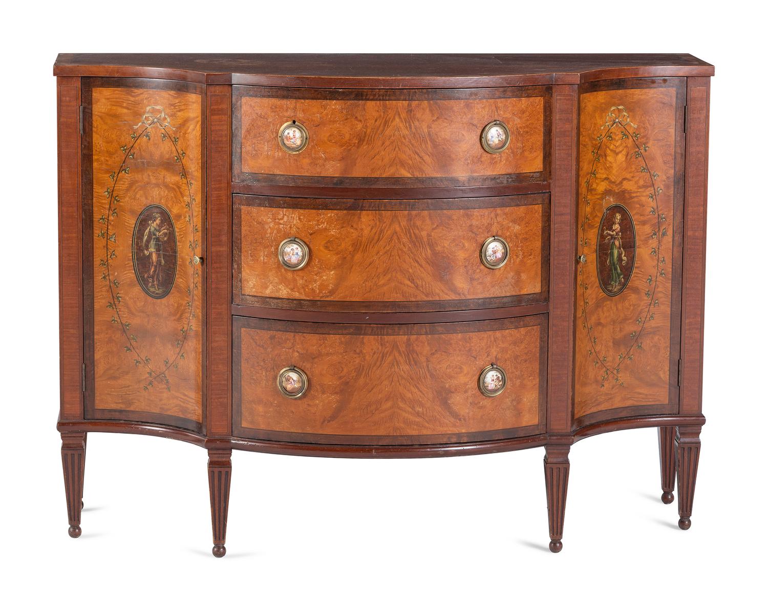 An English Mahogany, Satinwood and Porcelain-Mounted Console Cabinet