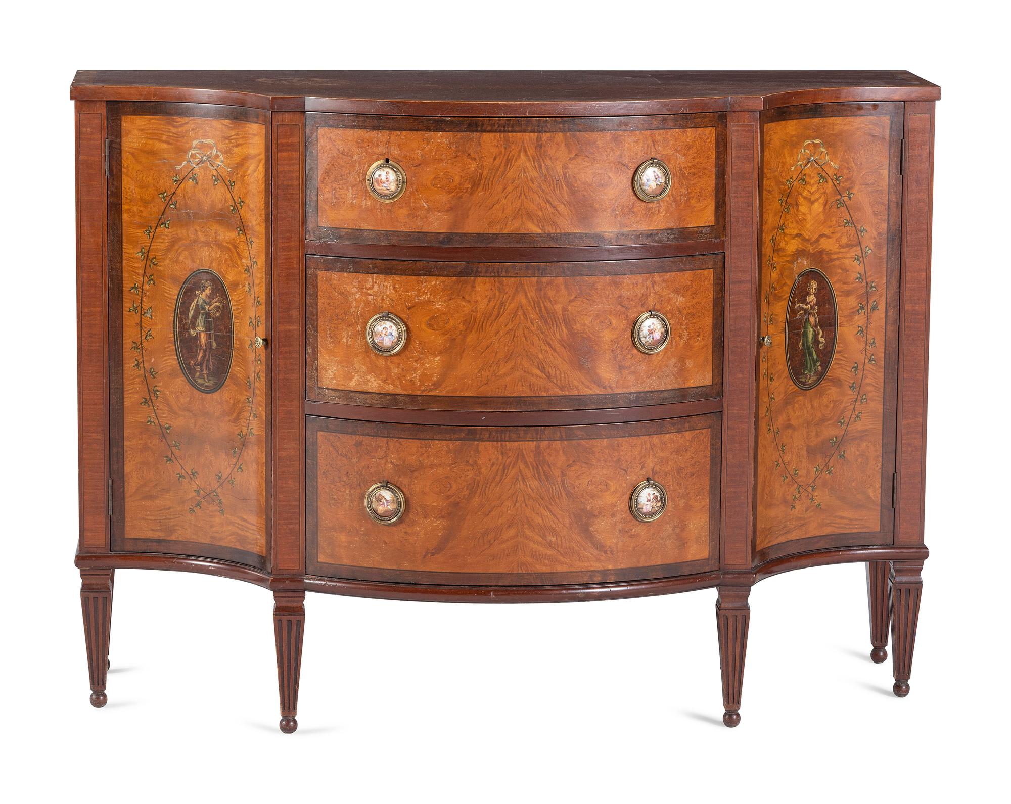 An English Mahogany, Satinwood and Porcelain-Mounted Console Cabinet