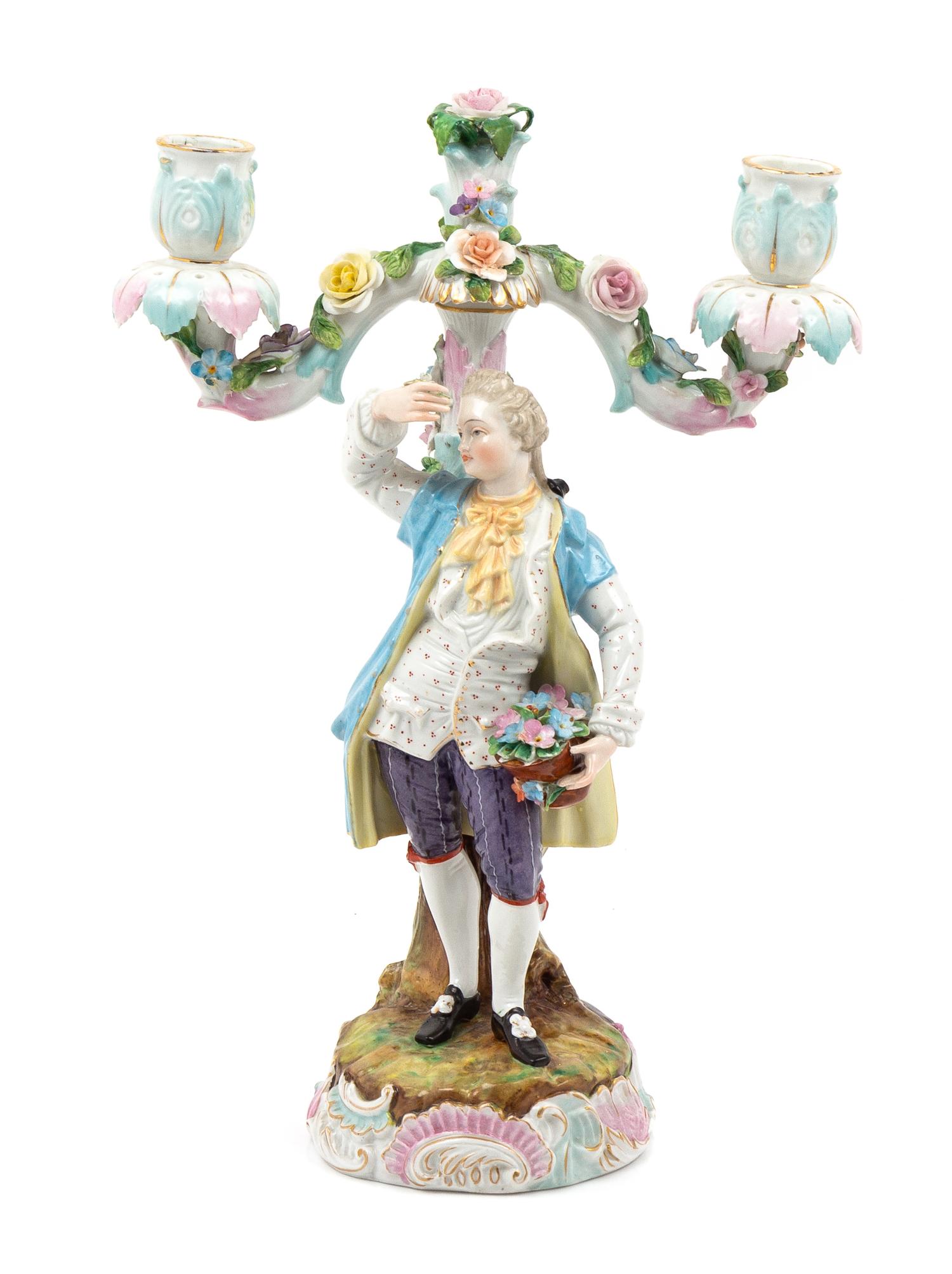 A Meissen Porcelain Figural Two-Light Candelabrum Height 13 1/2 inches. — 20TH CENTURY