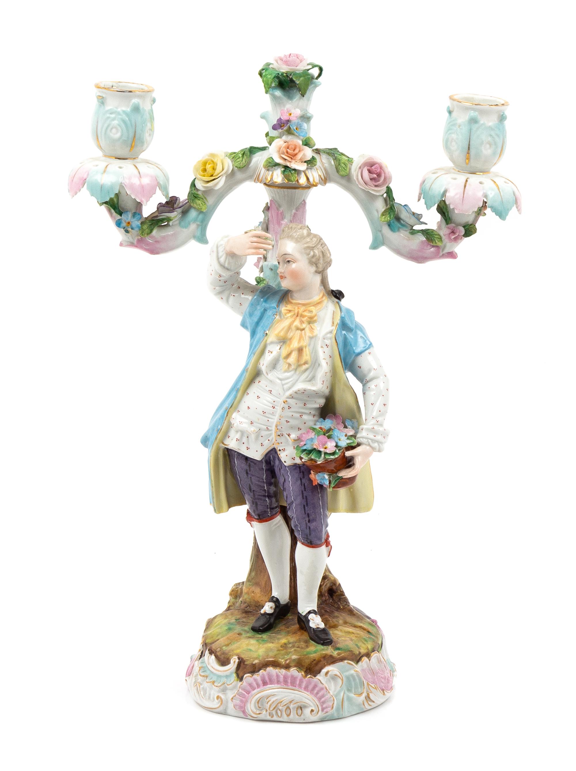 A Meissen Porcelain Figural Two-Light Candelabrum Height 13 1/2 inches. — 20TH CENTURY