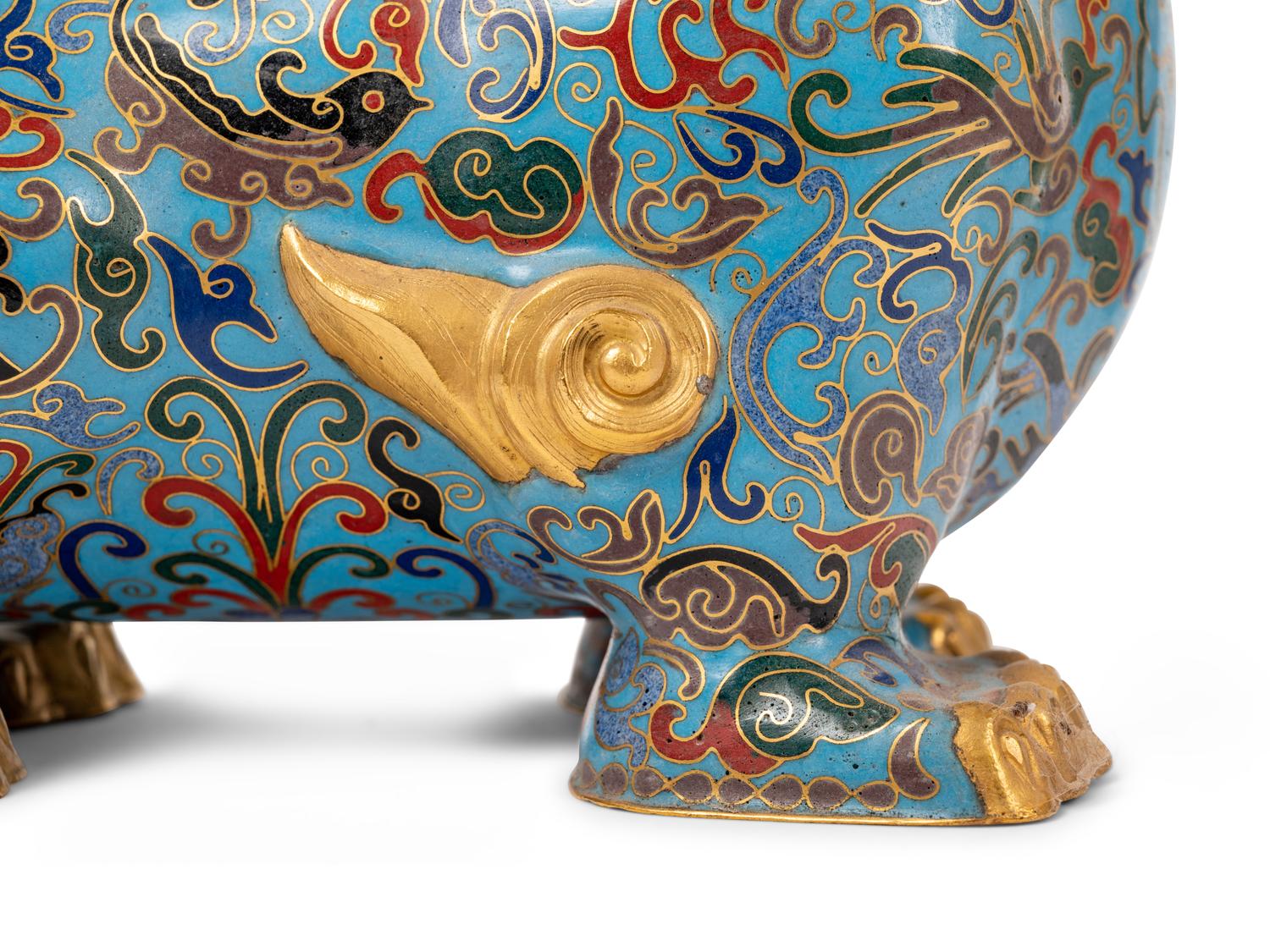 Five Chinese Turquoise Ground Cloisonné Enamel Figures of Animals