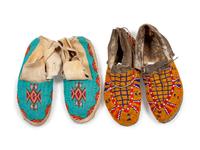 Two Pairs of Northern Plains Beaded Hide Moccasins