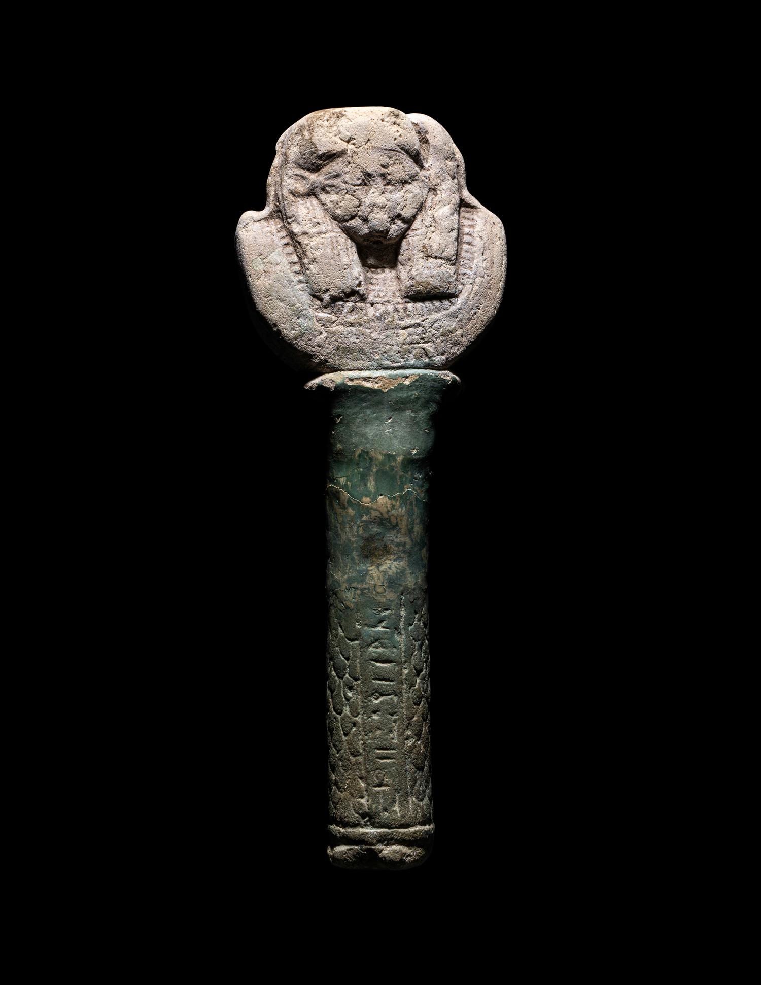 An Egyptian Faience Sistrum Handle with Hathor