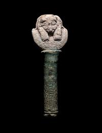 An Egyptian Faience Sistrum Handle with Hathor