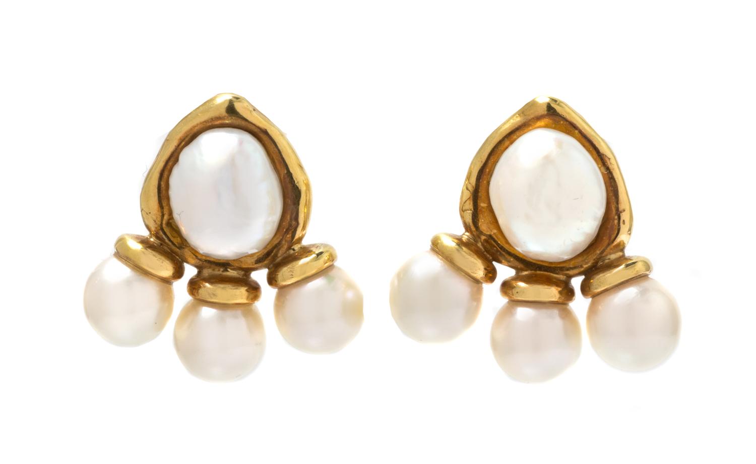 A Pair of 18 Karat Yellow Gold and Pearl Earclips, Elizabeth Gage, 30.20 dwts.