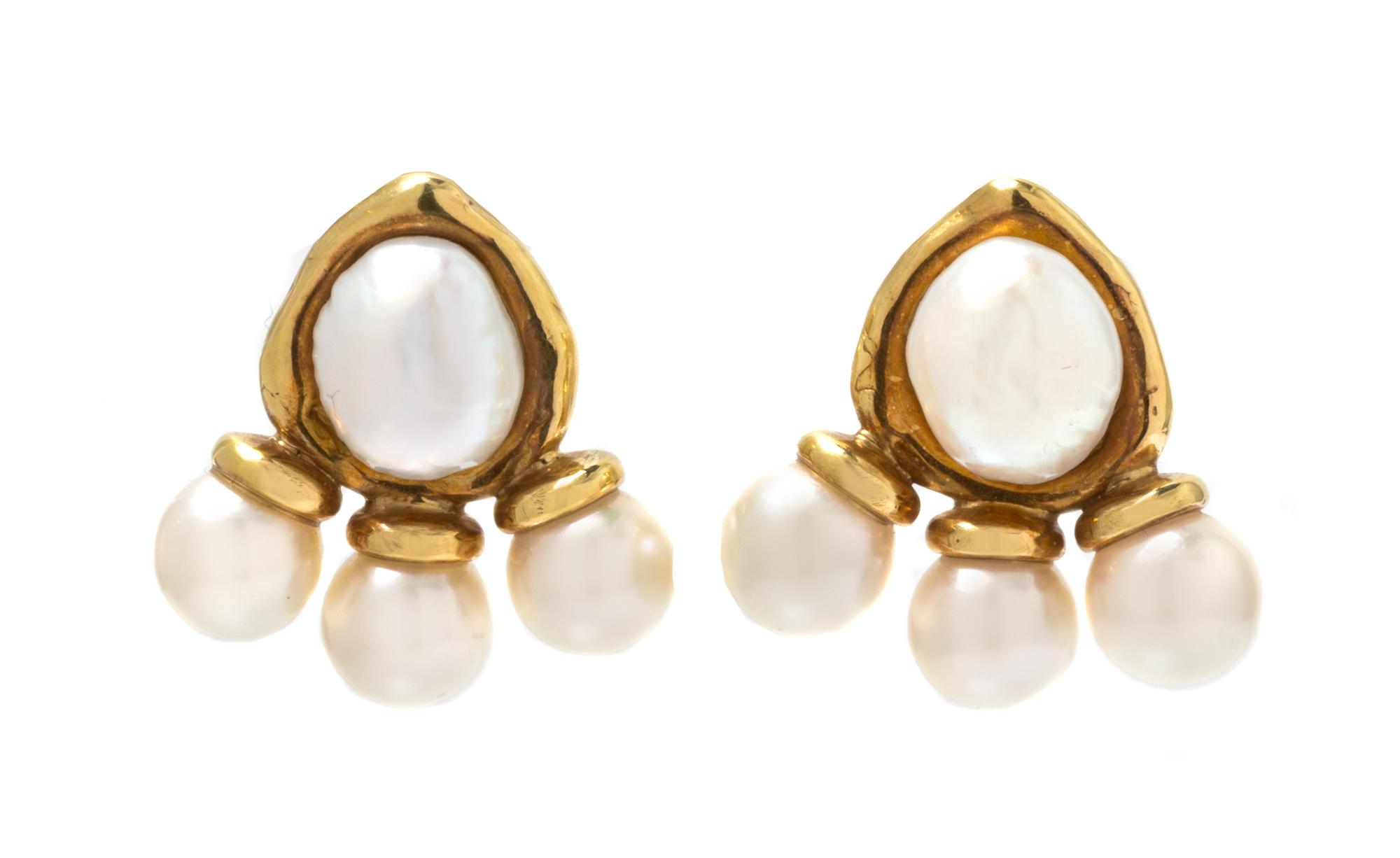 A Pair of 18 Karat Yellow Gold and Pearl Earclips, Elizabeth Gage, 30.20 dwts.