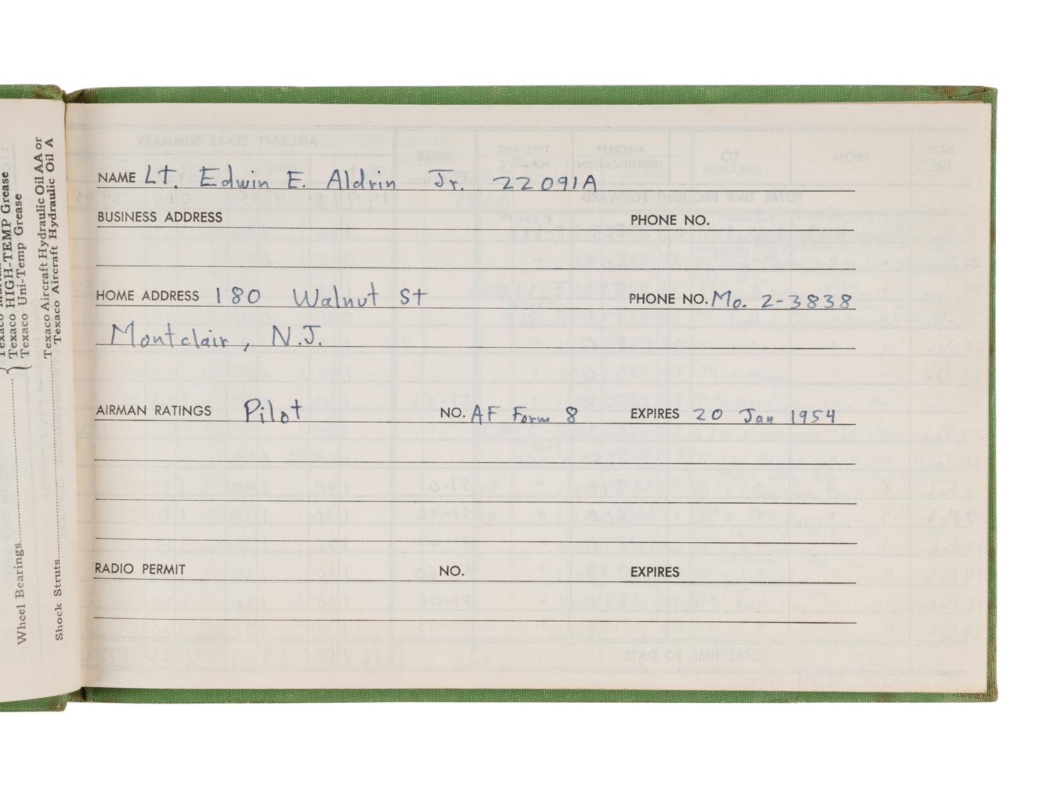 ALDRIN, Edwin E. "Buzz" (b. 1930). Korean War pilot's log book. 1953