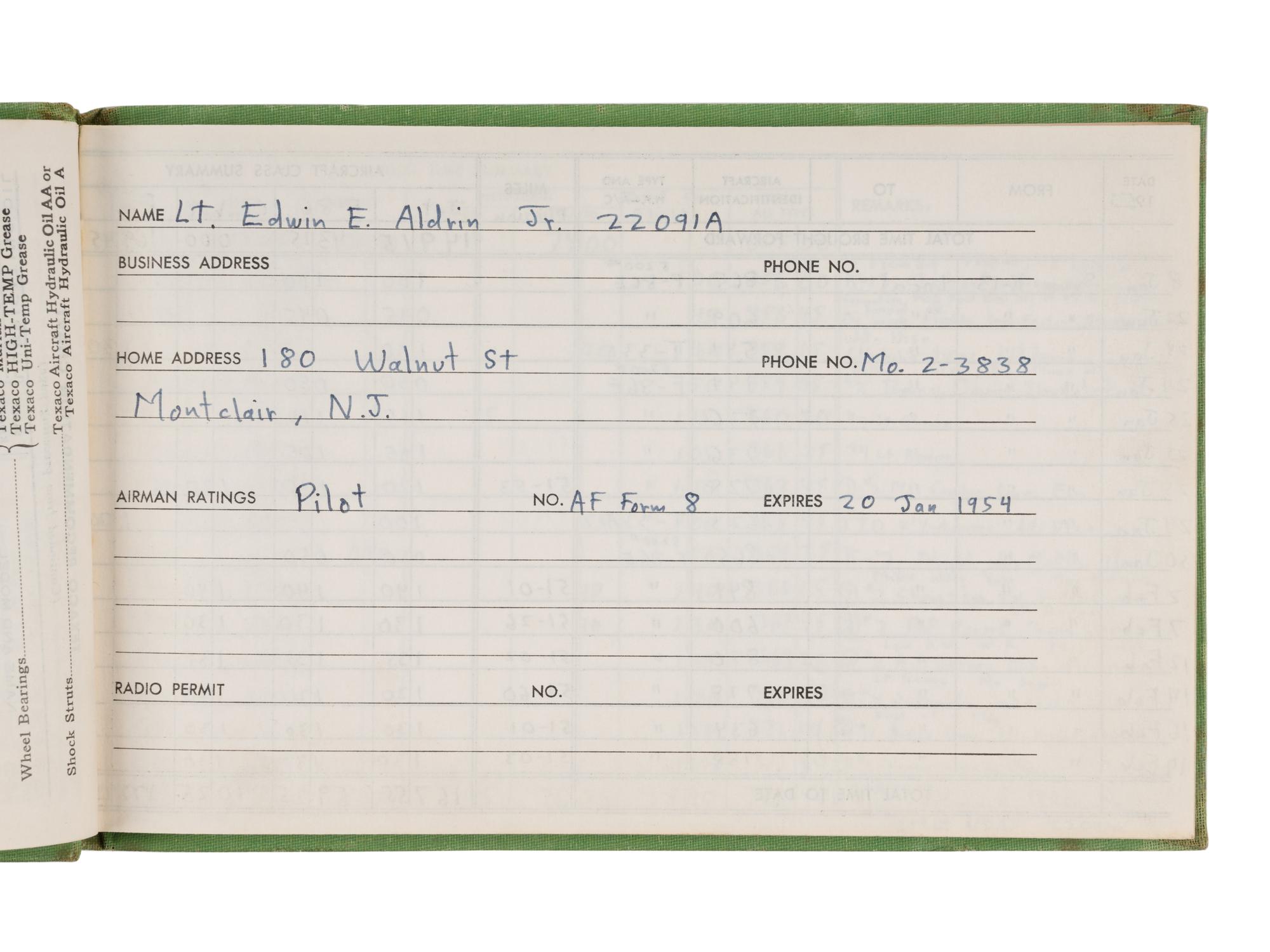 ALDRIN, Edwin E. "Buzz" (b. 1930). Korean War pilot's log book. 1953