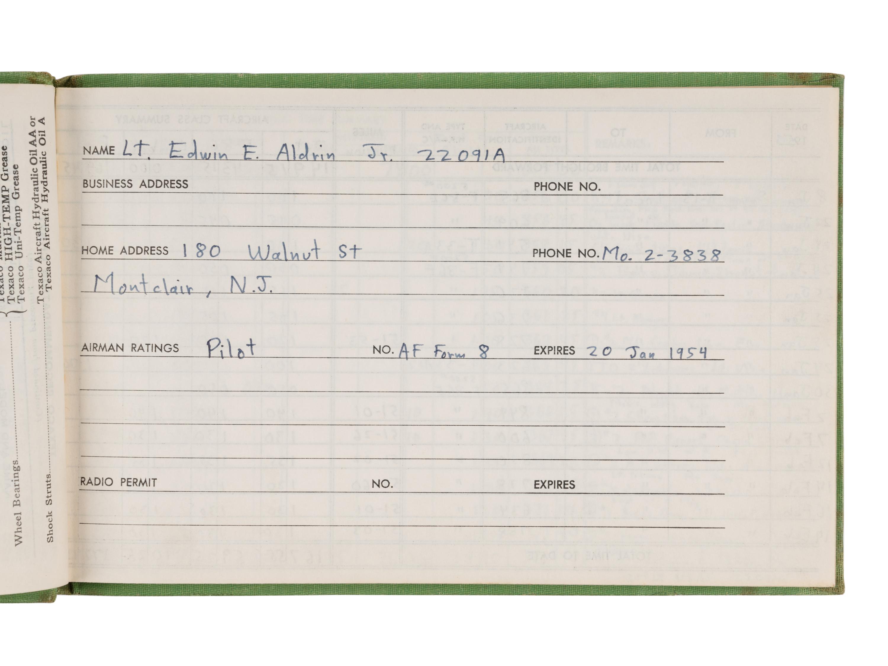 ALDRIN, Edwin E. "Buzz" (b. 1930). Korean War pilot's log book. 1953