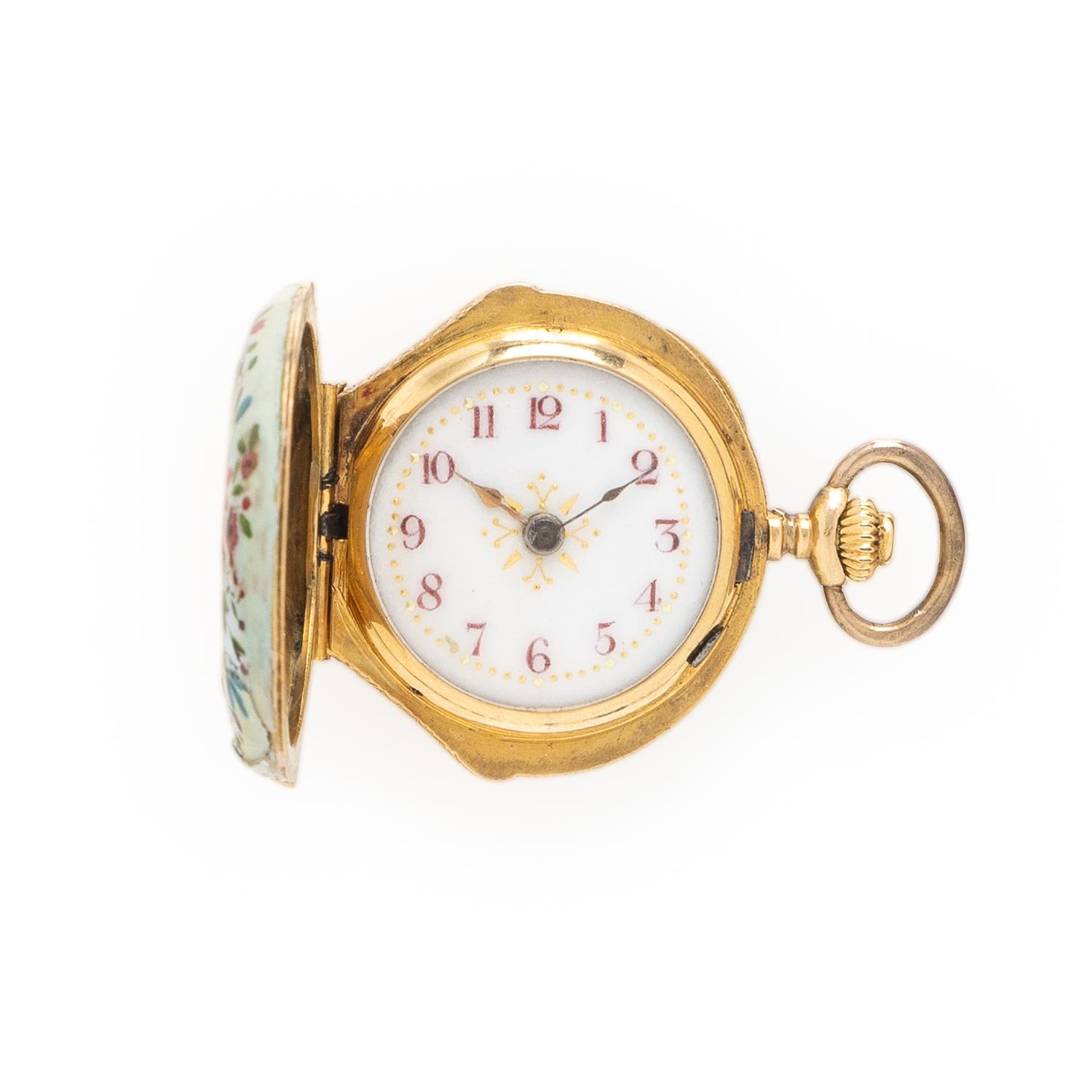 Yellow Gold and Enamel Pocket Watch with Chain