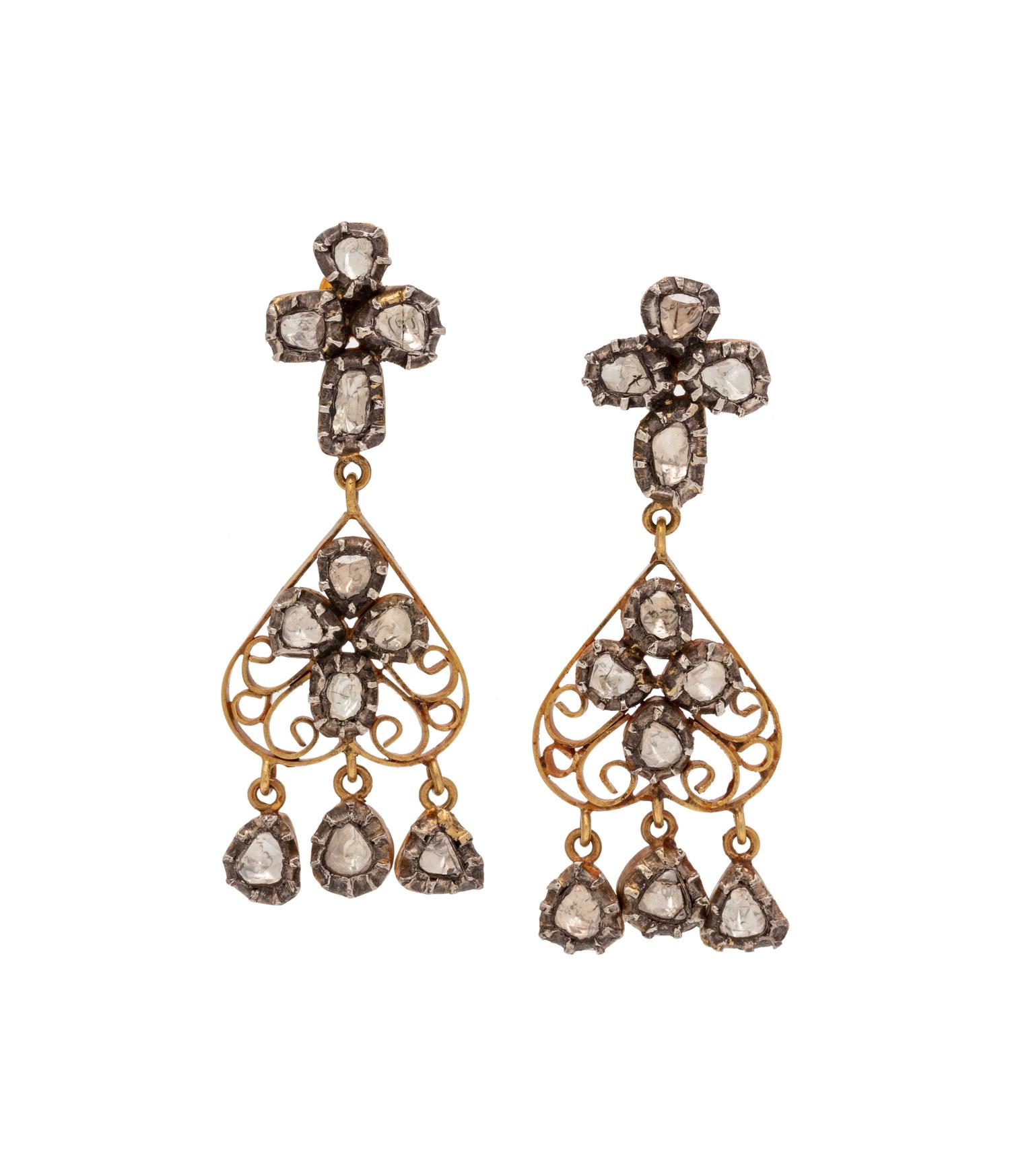 SILVER TOPPED GOLD AND DIAMOND DROP EARRINGS