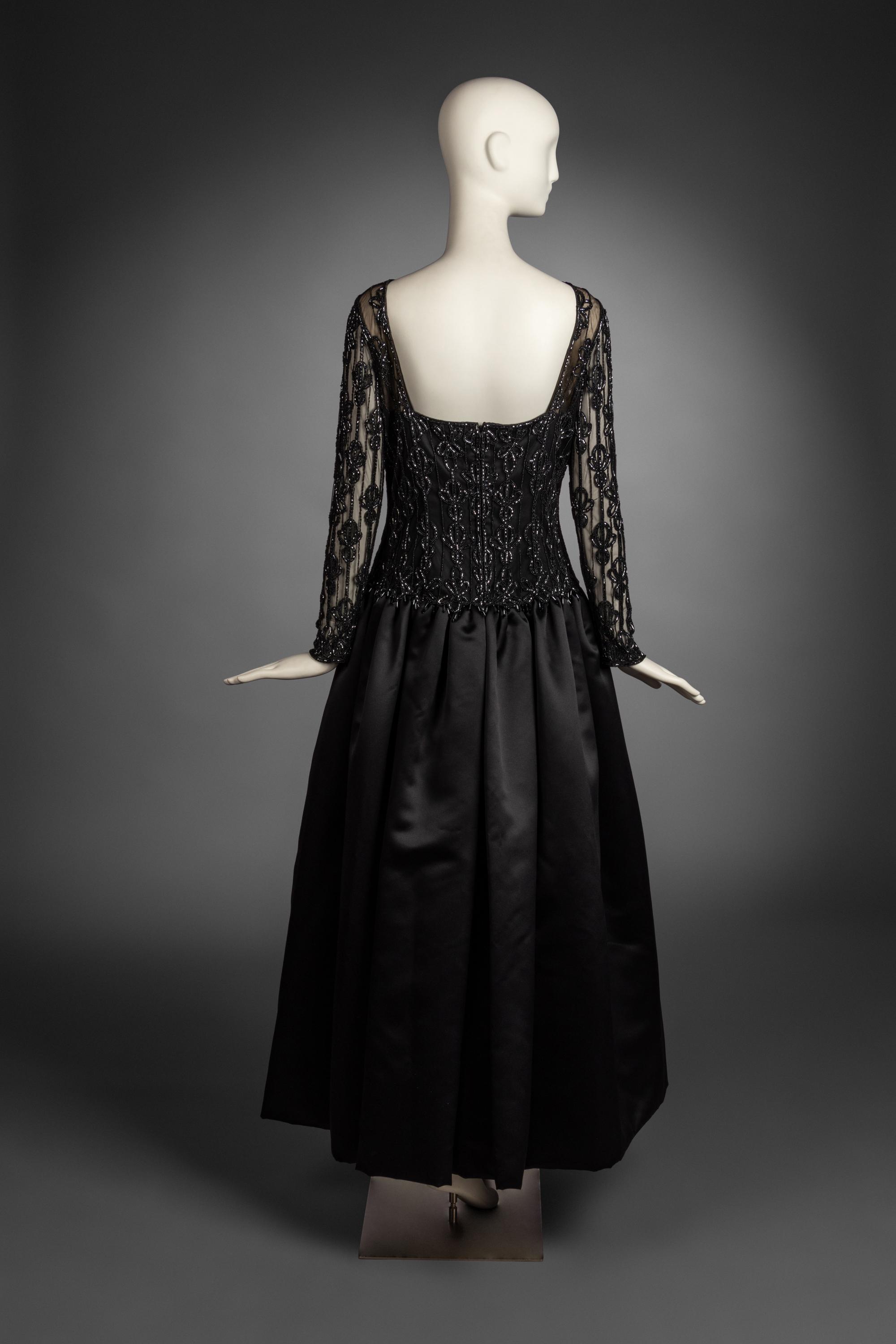 Bob Mackie Black Satin Dress with Embellished Tulle Upper, 1980-90s