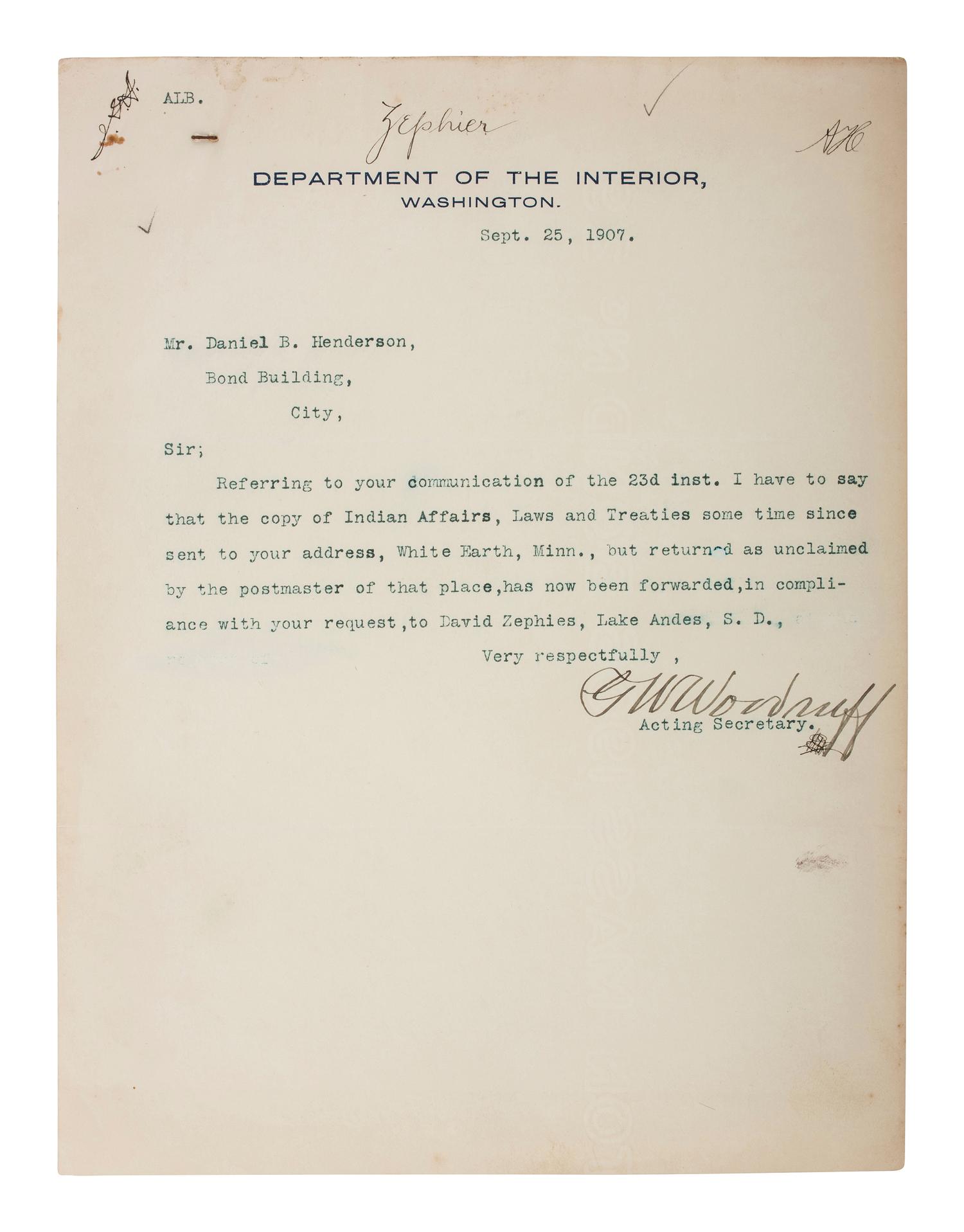 [NATIVE AMERICANS] -- [HENDERSON, Daniel B. (1862-1940)]. An archive of letters and documents mostly related to Henderson's work representing Native American interests, including: