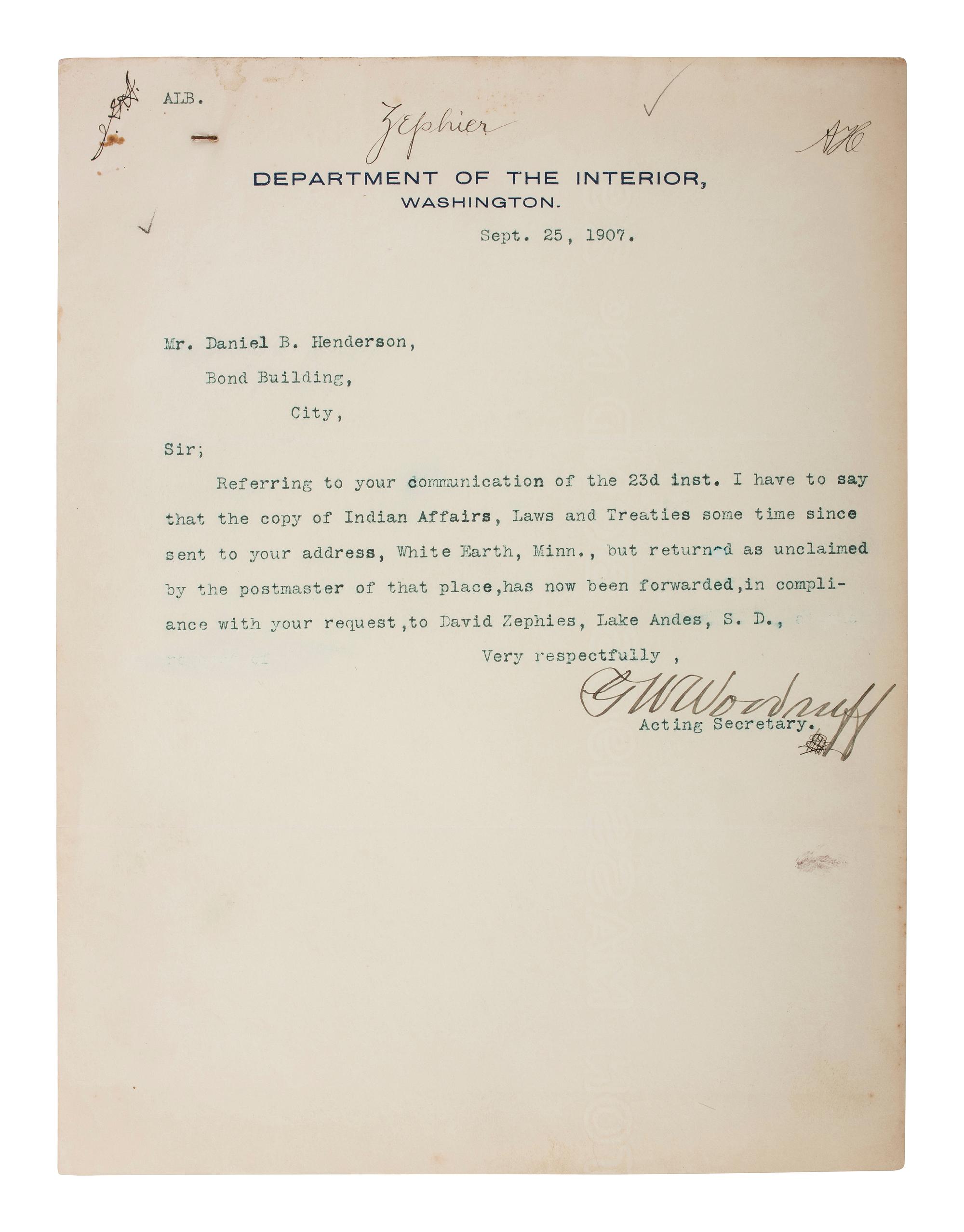 [NATIVE AMERICANS] -- [HENDERSON, Daniel B. (1862-1940)]. An archive of letters and documents mostly related to Henderson's work representing Native American interests, including: