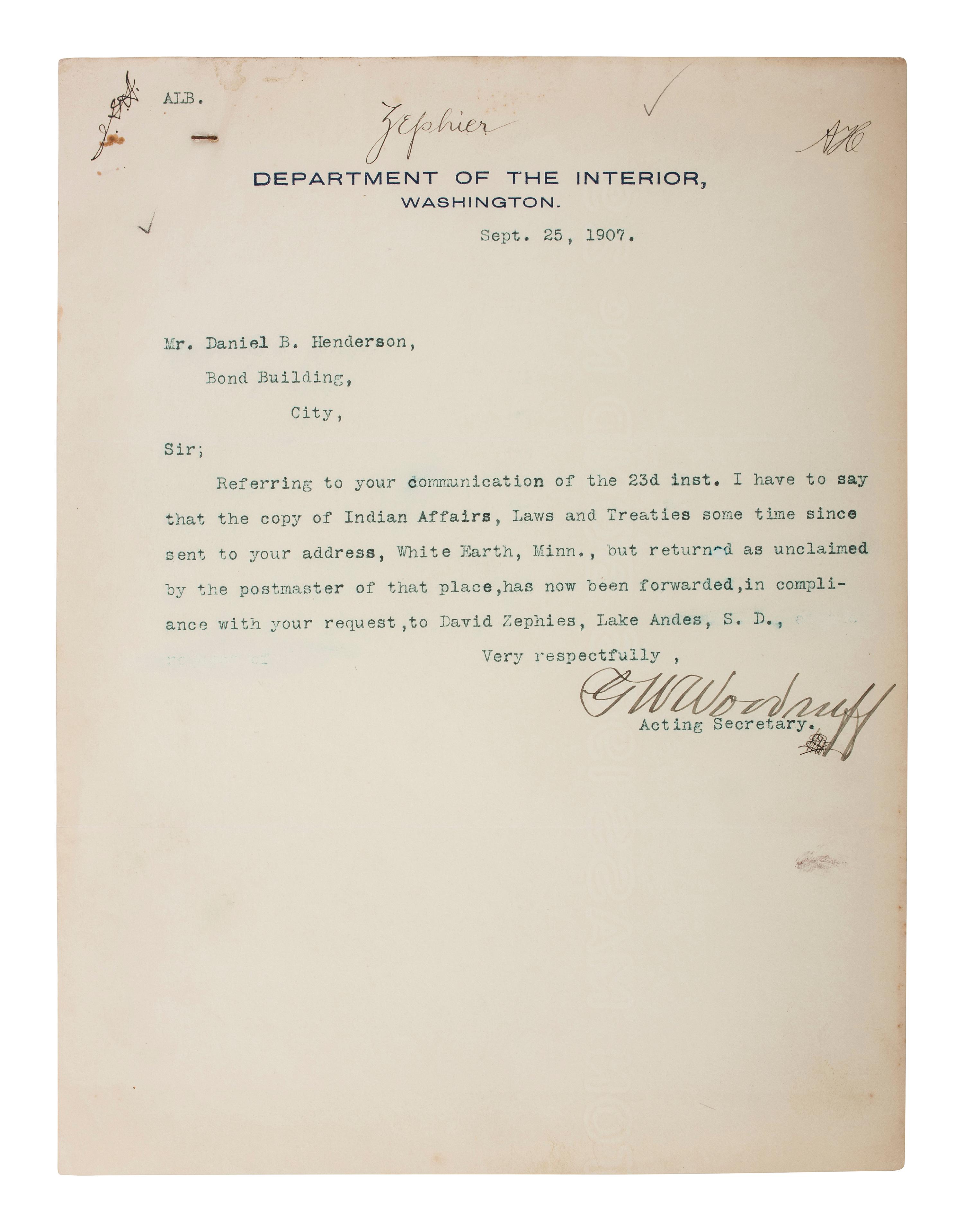 [NATIVE AMERICANS] -- [HENDERSON, Daniel B. (1862-1940)]. An archive of letters and documents mostly related to Henderson's work representing Native American interests, including: