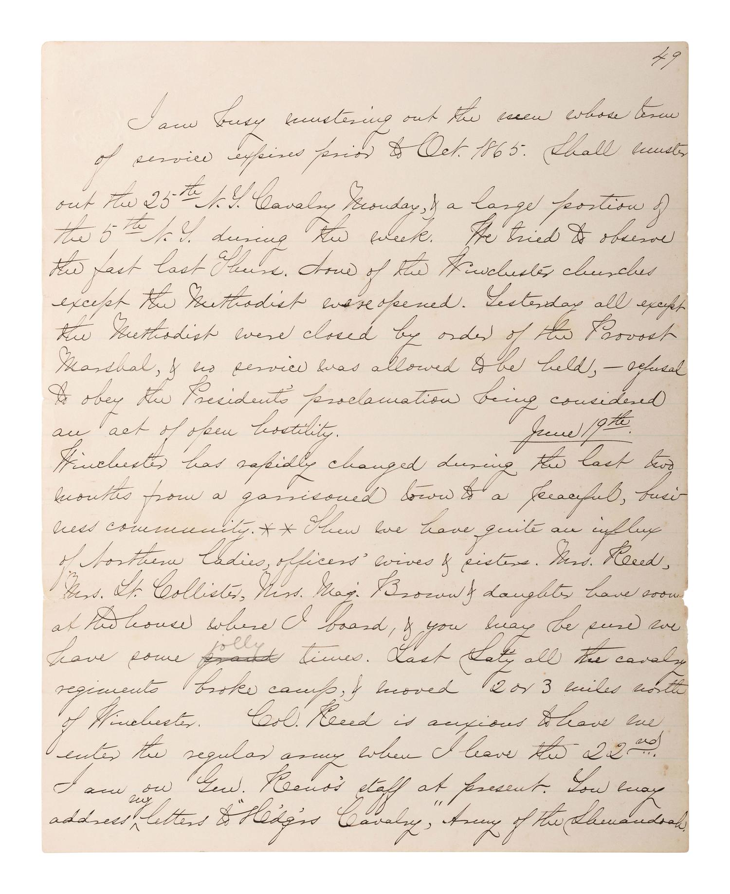 [CIVIL WAR - CUSTER, George A.]. Manuscript documenting the wartime experiences of Major Harlan Page Lloyd, 22nd New York Cavalry and 24th New York Light Artillery, aid to Custer during the Shenandoah Campaign.