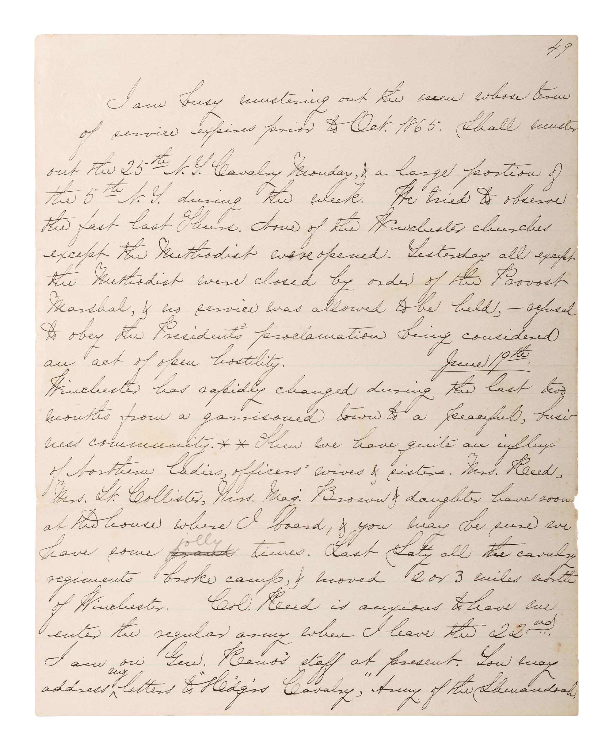 [CIVIL WAR - CUSTER, George A.]. Manuscript documenting the wartime experiences of Major Harlan Page Lloyd, 22nd New York Cavalry and 24th New York Light Artillery, aid to Custer during the Shenandoah Campaign.