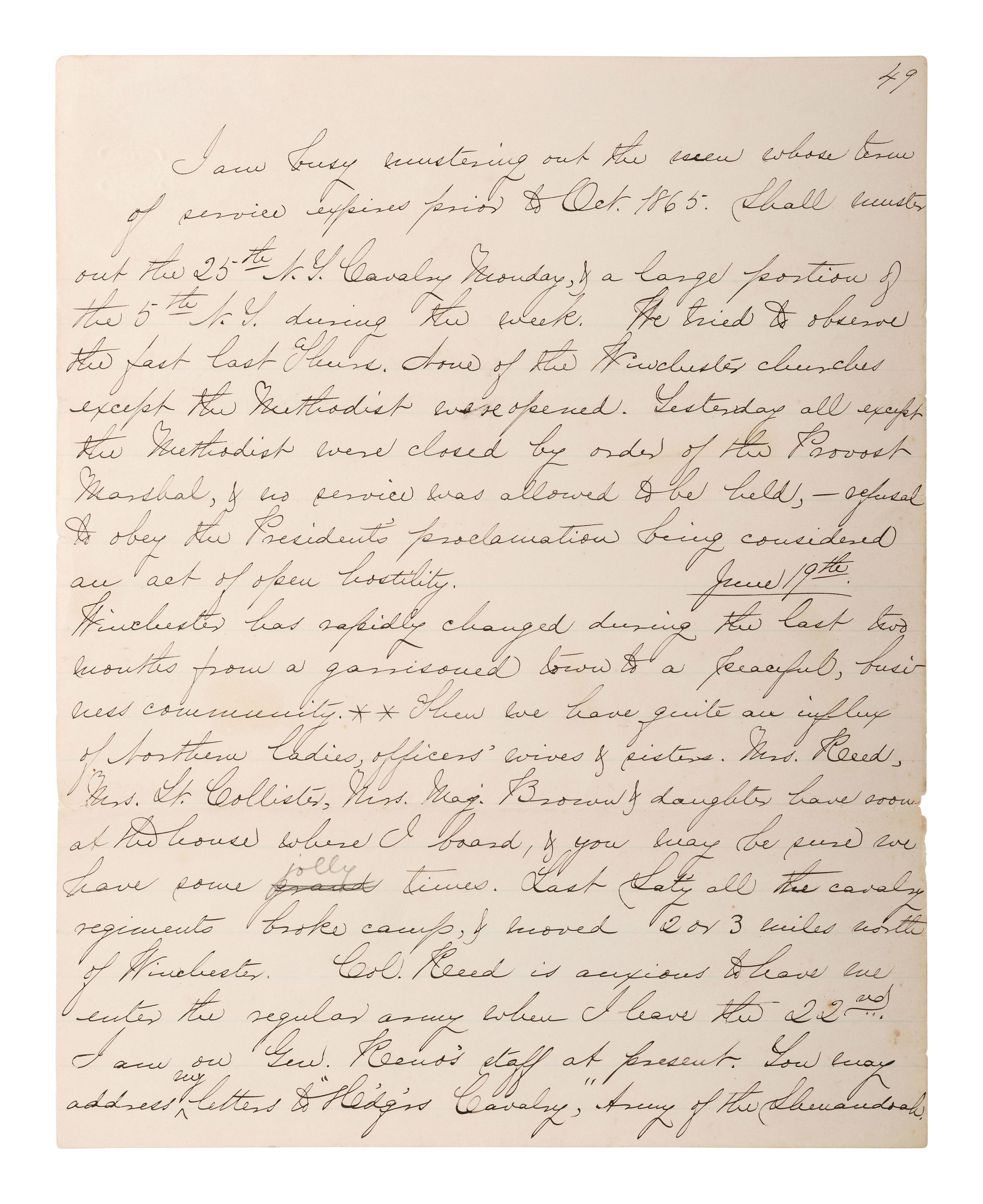 [CIVIL WAR - CUSTER, George A.]. Manuscript documenting the wartime experiences of Major Harlan Page Lloyd, 22nd New York Cavalry and 24th New York Light Artillery, aid to Custer during the Shenandoah Campaign.