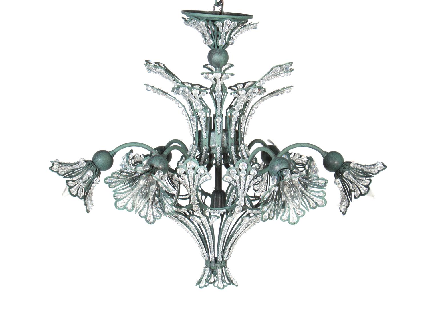 An Art Nouveau Style Glass and Beaded Six-Light Chandelier Height 23 inches. — SECOND HALF 20TH CENTURY