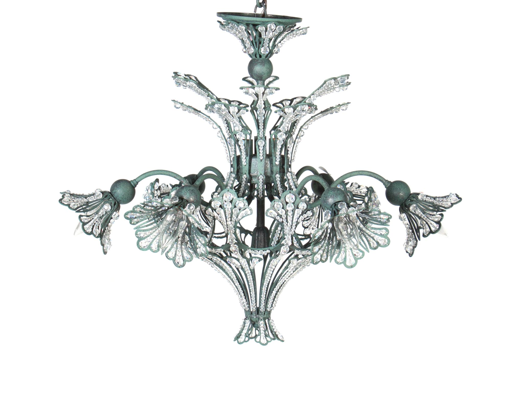An Art Nouveau Style Glass and Beaded Six-Light Chandelier Height 23 inches. — SECOND HALF 20TH CENTURY
