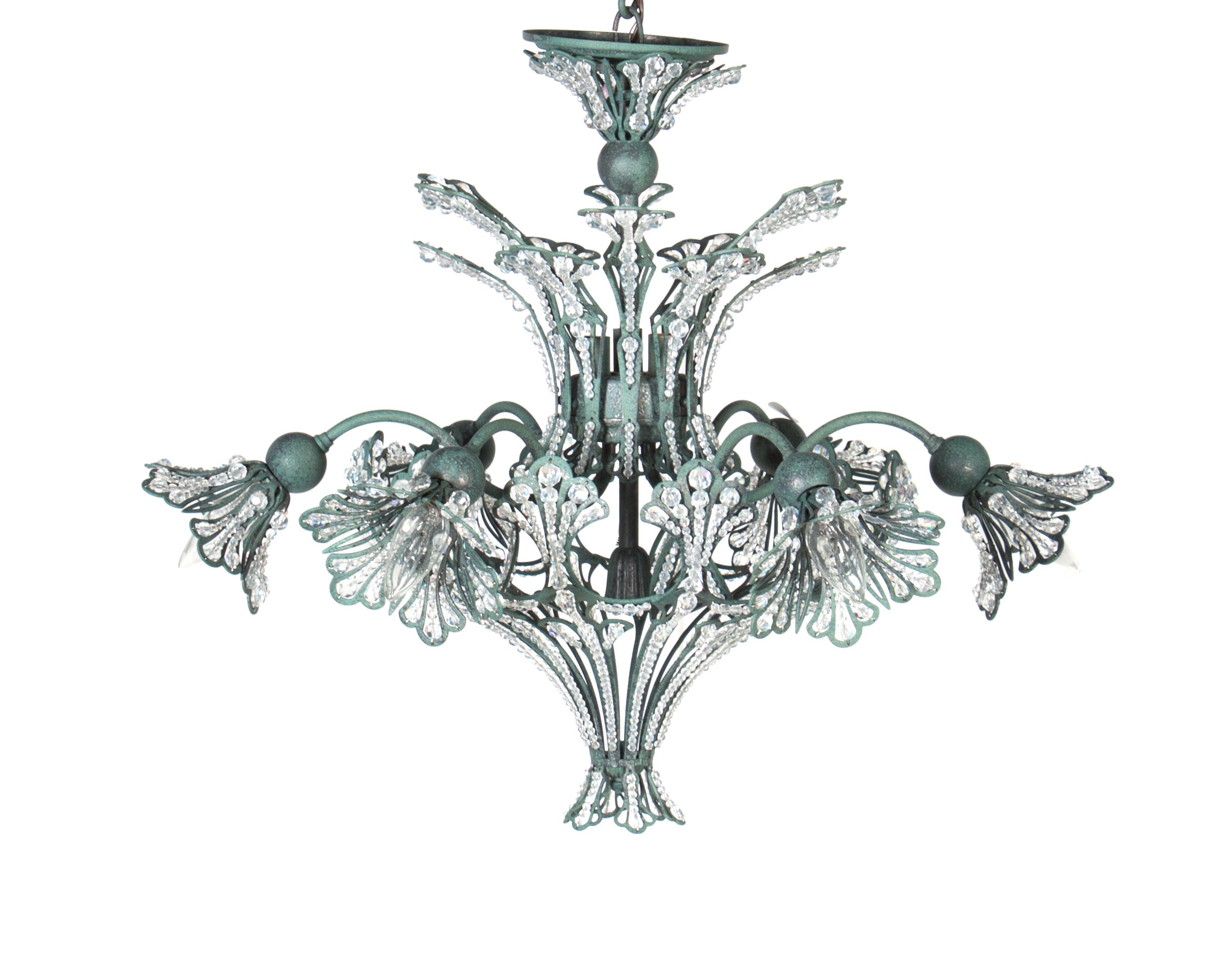 An Art Nouveau Style Glass and Beaded Six-Light Chandelier Height 23 inches. — SECOND HALF 20TH CENTURY