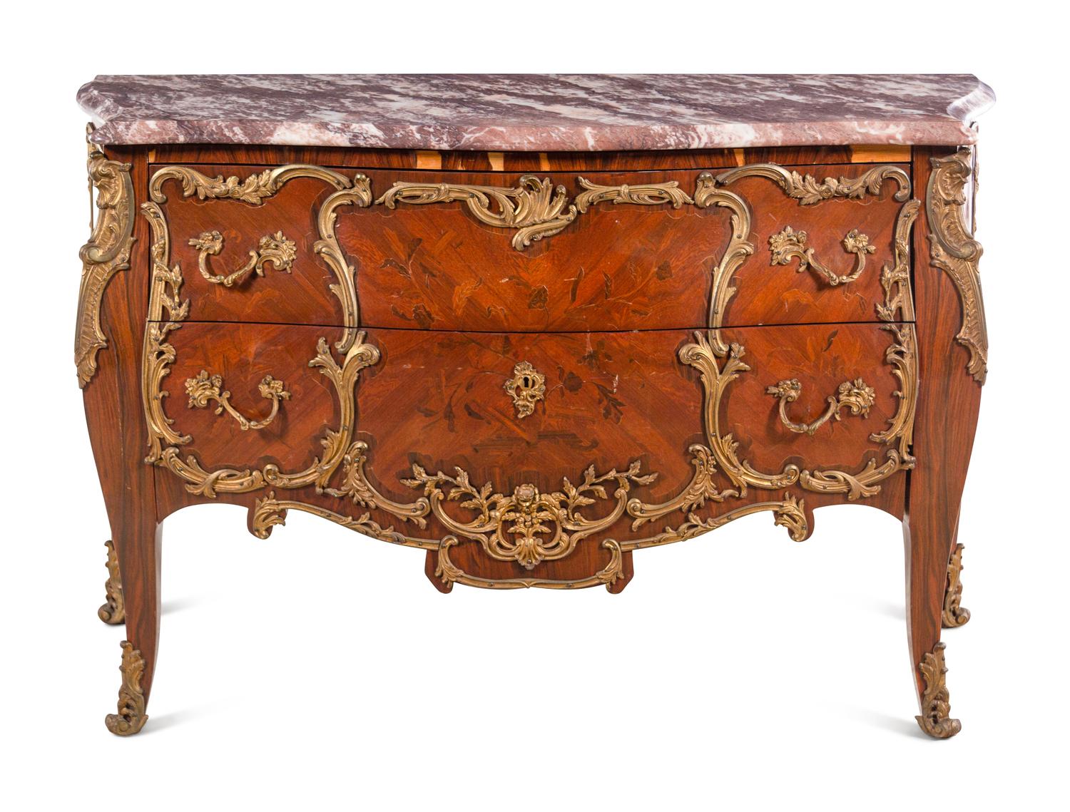 A Louis XV Style Gilt Bronze Mounted Marquetry Marble-Top Commode