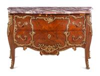 A Louis XV Style Gilt Bronze Mounted Marquetry Marble-Top Commode
