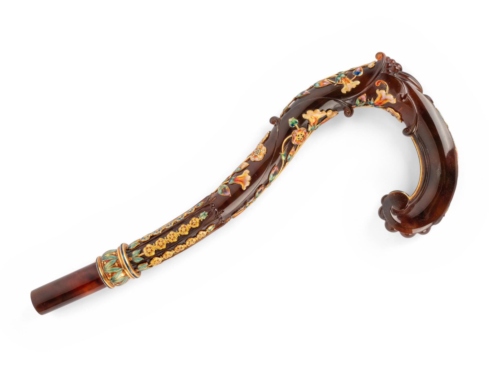 A French Gold-Mounted and Enameled Tortoise Shell Parasol Handle Retailed by Tiffany and Co.