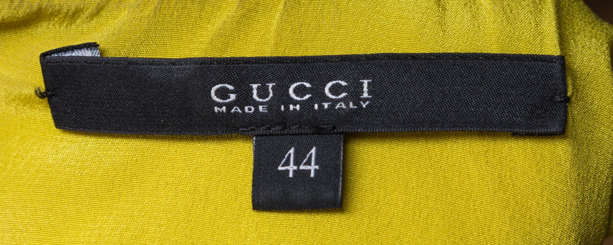A Gucci Chartreuse Silk Bell Sleeve Dress, Dress: size 44; Belt: 30"- 32" x 2".