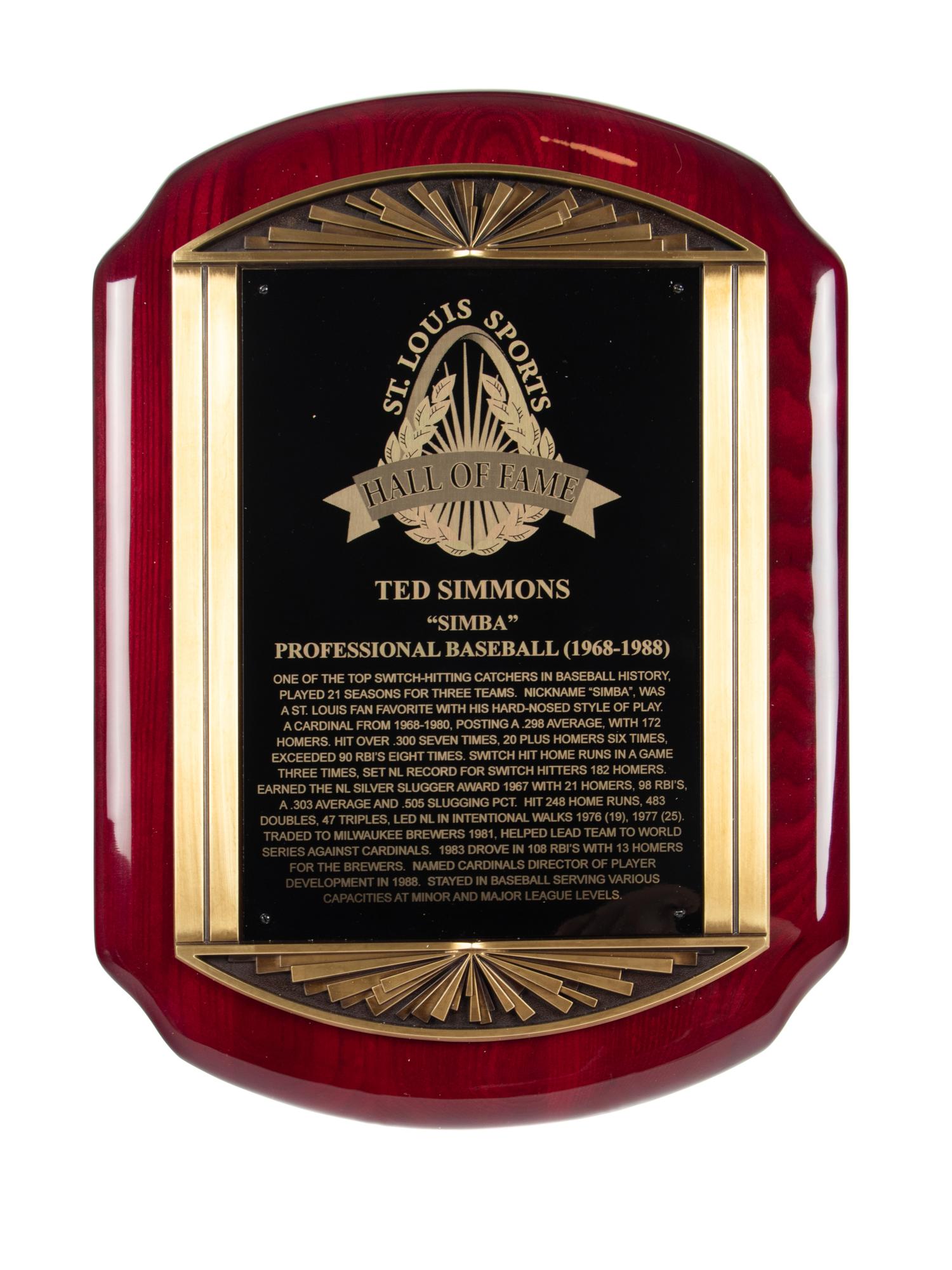 A St. Louis Sports Hall of Fame Plaque Awarded to Hall of Famer Ted Simmons from The Ted Simmons Collection