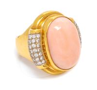 An 18 Karat Yellow Gold, Angel Skin Coral and Diamond Ring, Susan Berman, 18.00 dwts.