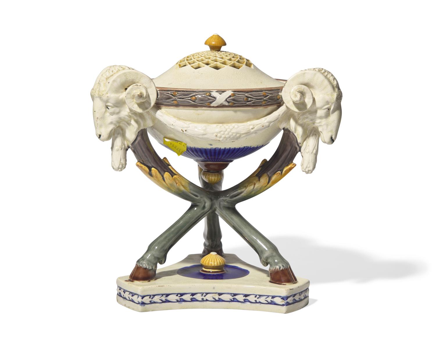 A Wedgwood Majolica Tripod Censer and Pierced Cover