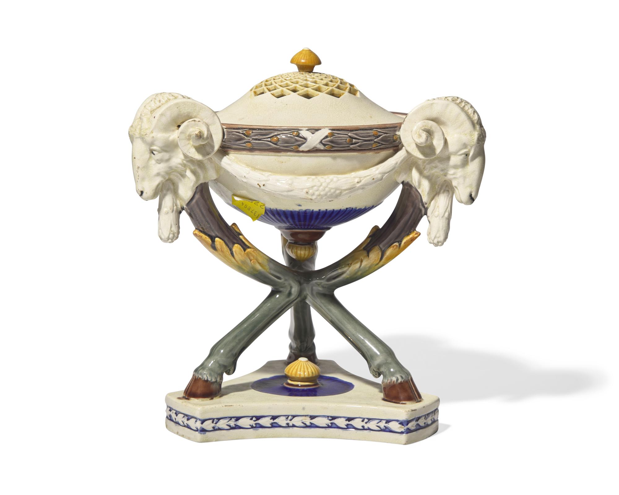 A Wedgwood Majolica Tripod Censer and Pierced Cover