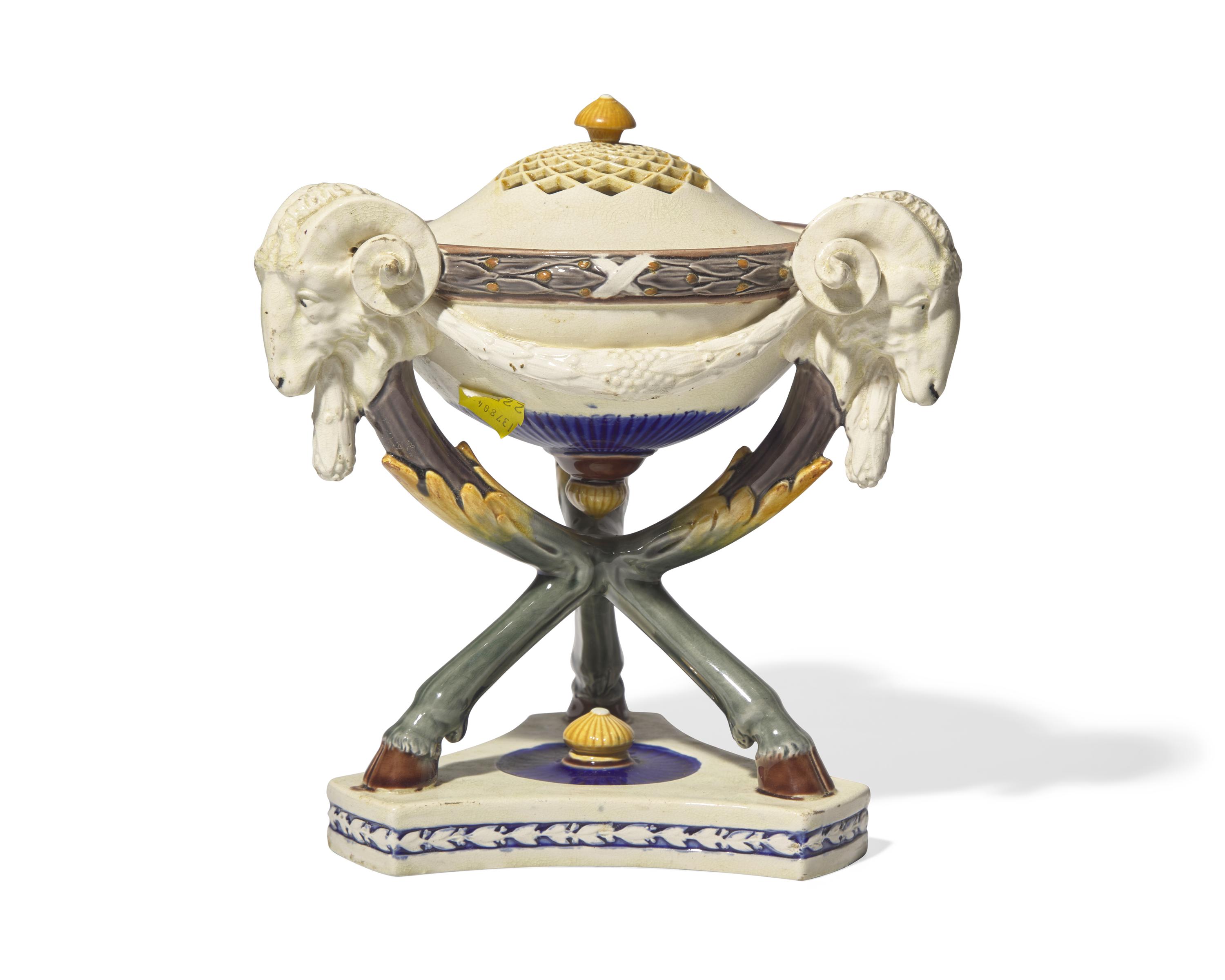A Wedgwood Majolica Tripod Censer and Pierced Cover