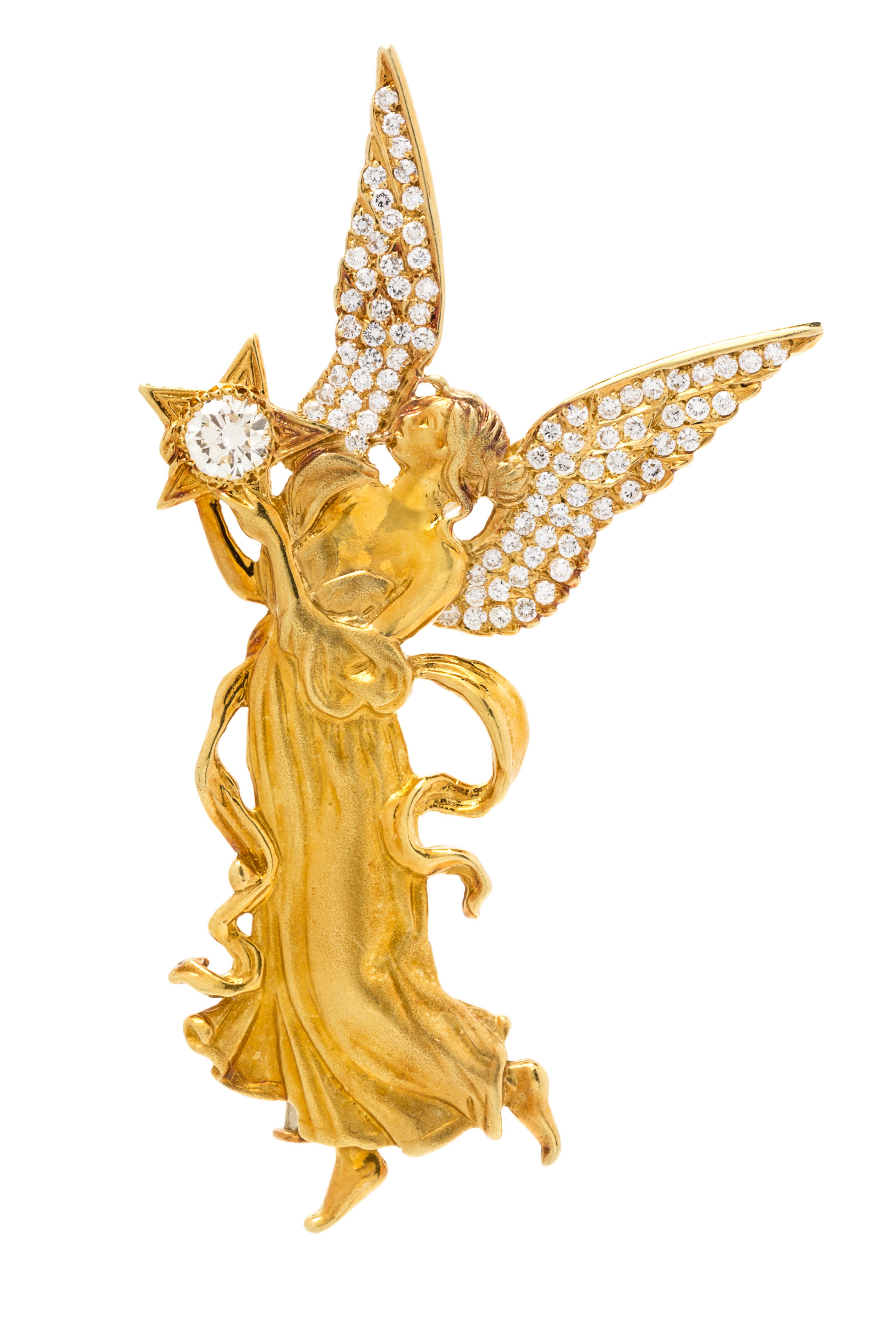 An 18 Karat Yellow Gold and Diamond Angel Motif Pendant/Brooch, 16.90 dwts.