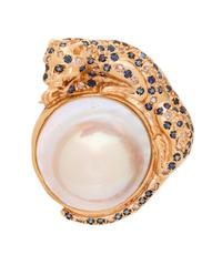 A 14 Karat Yellow Gold, Cultured Mabe Pearl, Sapphire and Diamond Panther Pendant/Brooch,