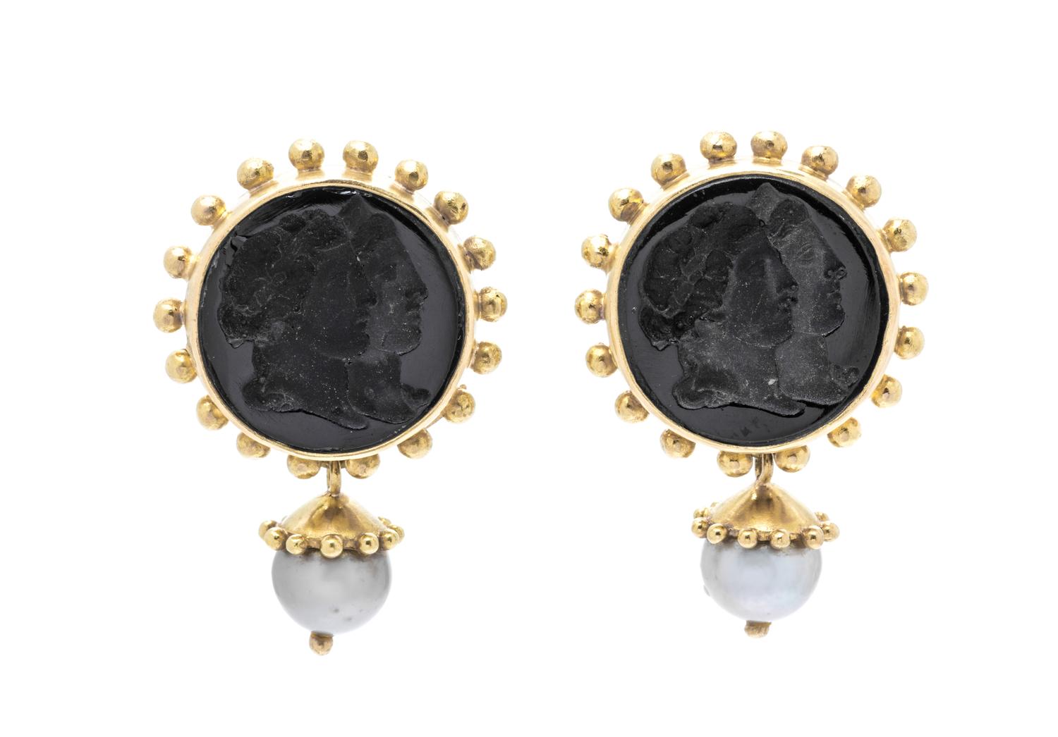 A Pair of 18 Karat Yellow Gold, Venetian Glass and Cultured Pearl Earclips, Elizabeth Locke, 17.10 dwts.