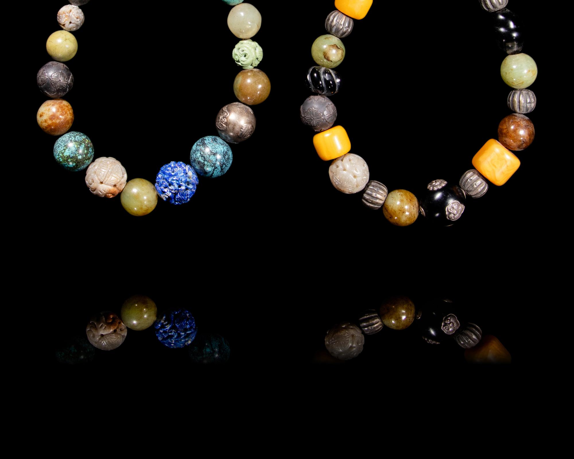 Two Chinese Agate, Jade, Metal, Turquoise, and Hardstone Beaded Necklaces, Duobaochuan, 19th-20th Century 晚清-近代 玛瑙、玉、松石、青金、水晶等多宝串兩條