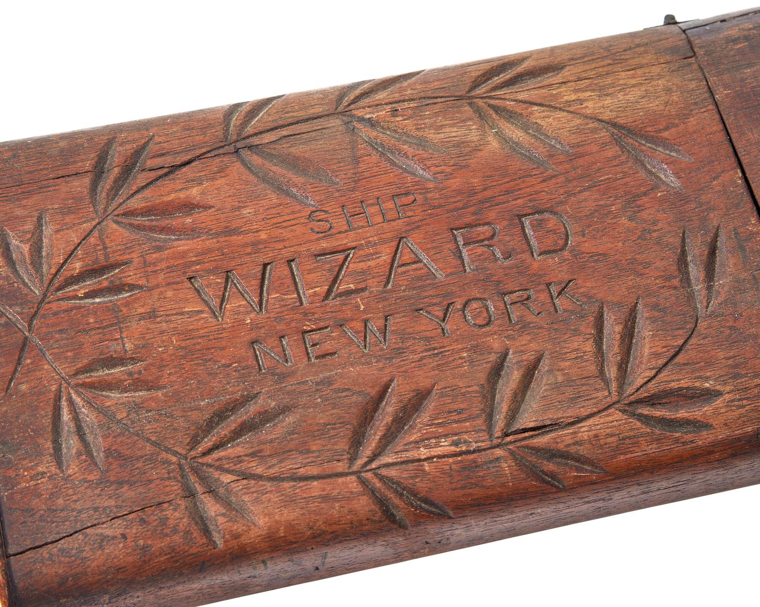 A China Trade Carved Teak Chart or Agent Box For The Ship Wizard Of New York