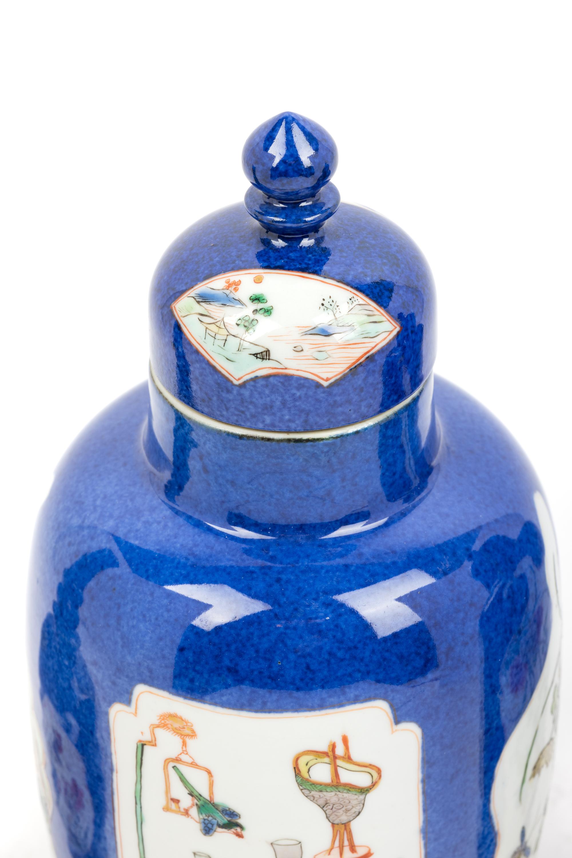 A Chinese Export Powder Blue Ground Famille Verte Porcelain Four-Piece Garniture