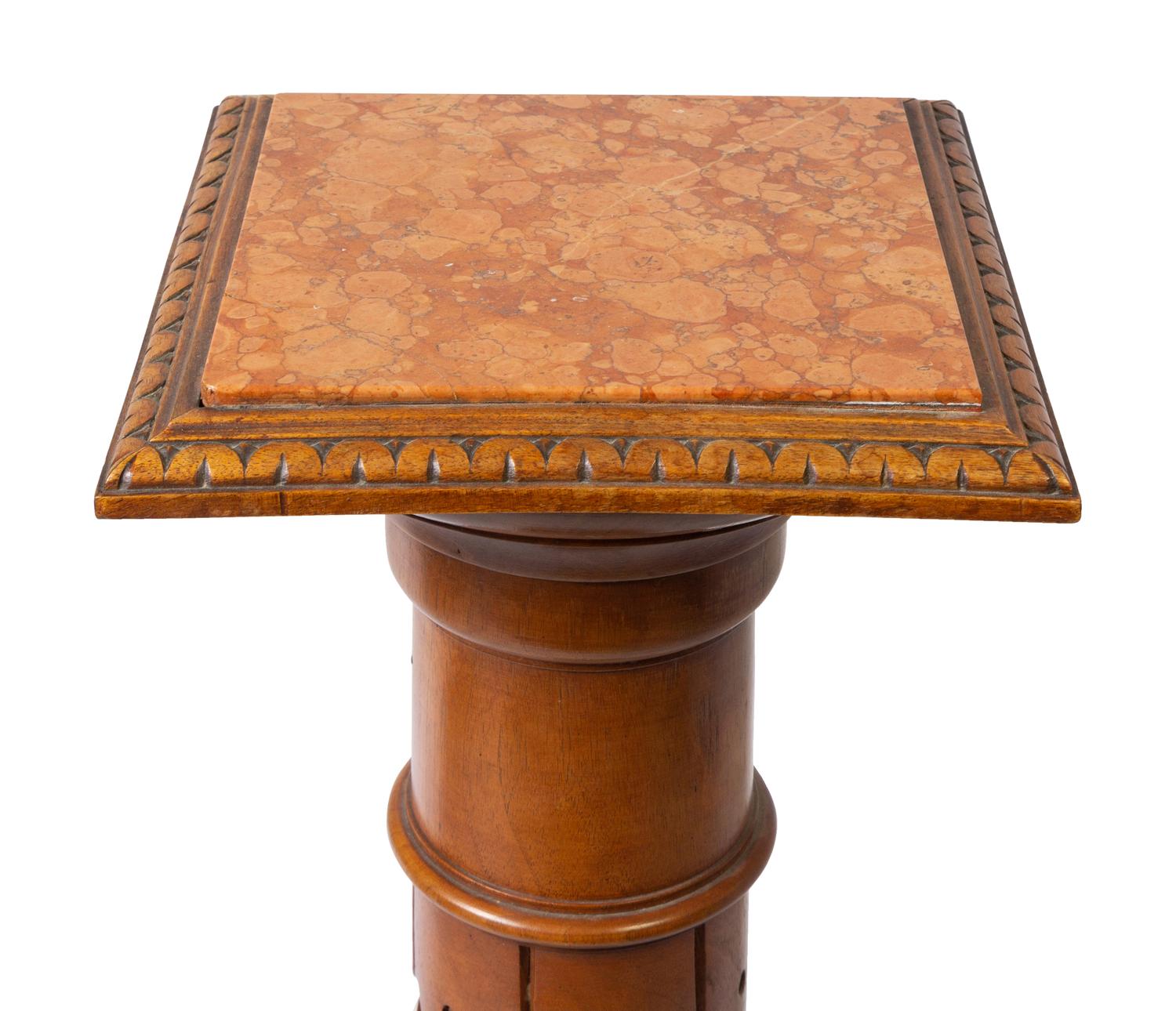 An Italian Carved Walnut Marble-Top Pedestal