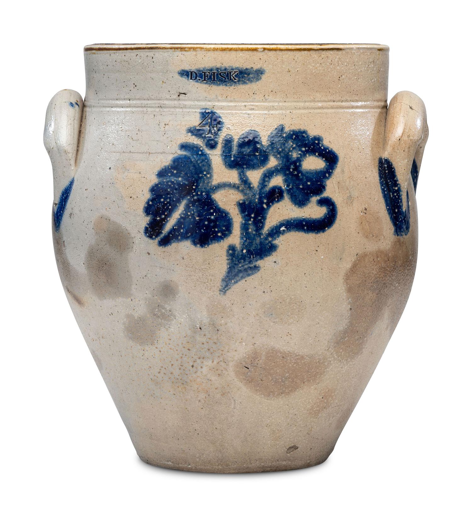 A Daniel Fisk Four Gallon Cobalt Decorated Stoneware Crock