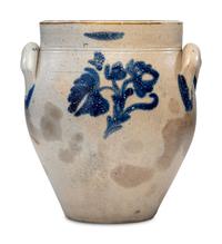 A Daniel Fisk Four Gallon Cobalt Decorated Stoneware Crock