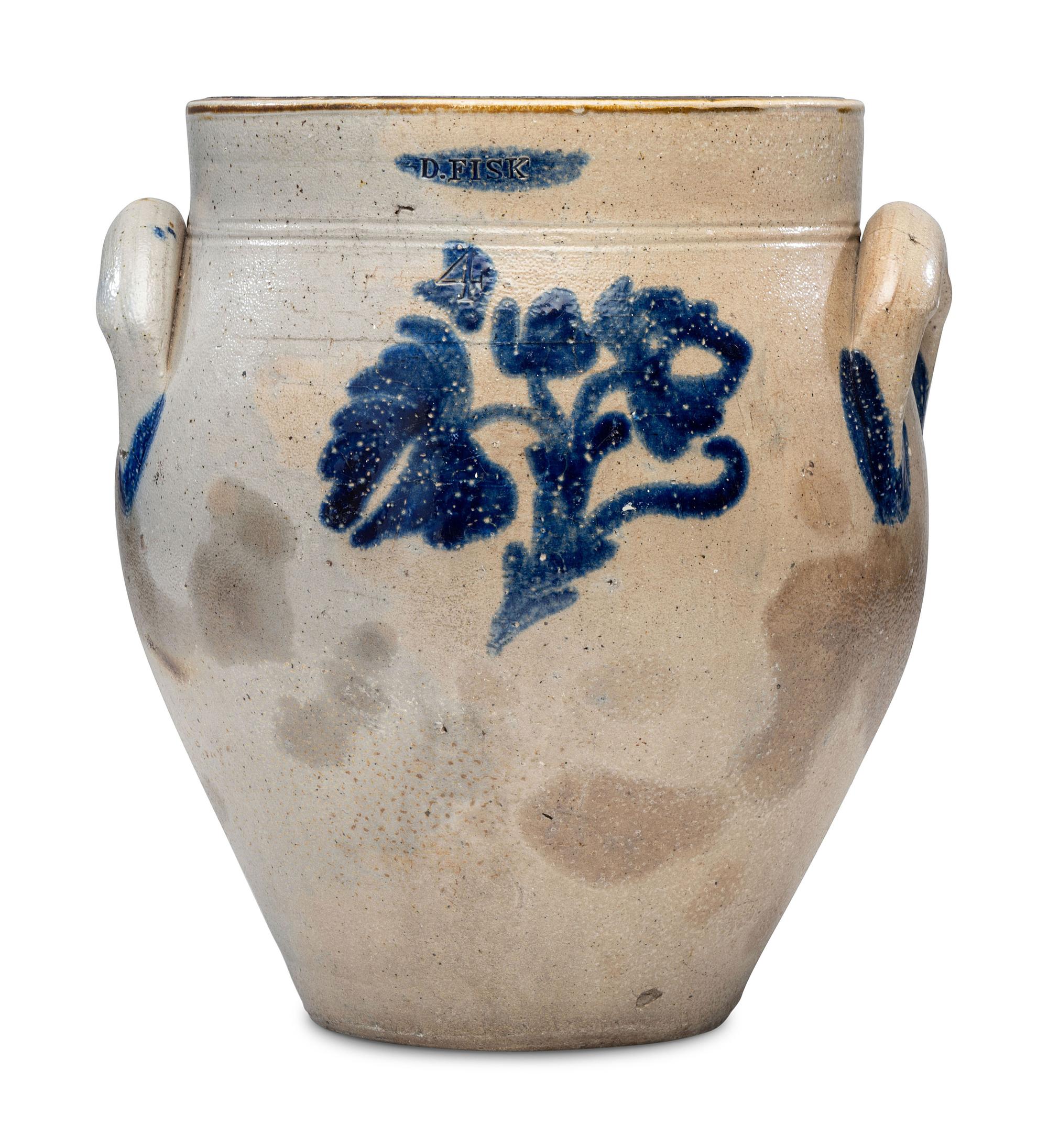 A Daniel Fisk Four Gallon Cobalt Decorated Stoneware Crock