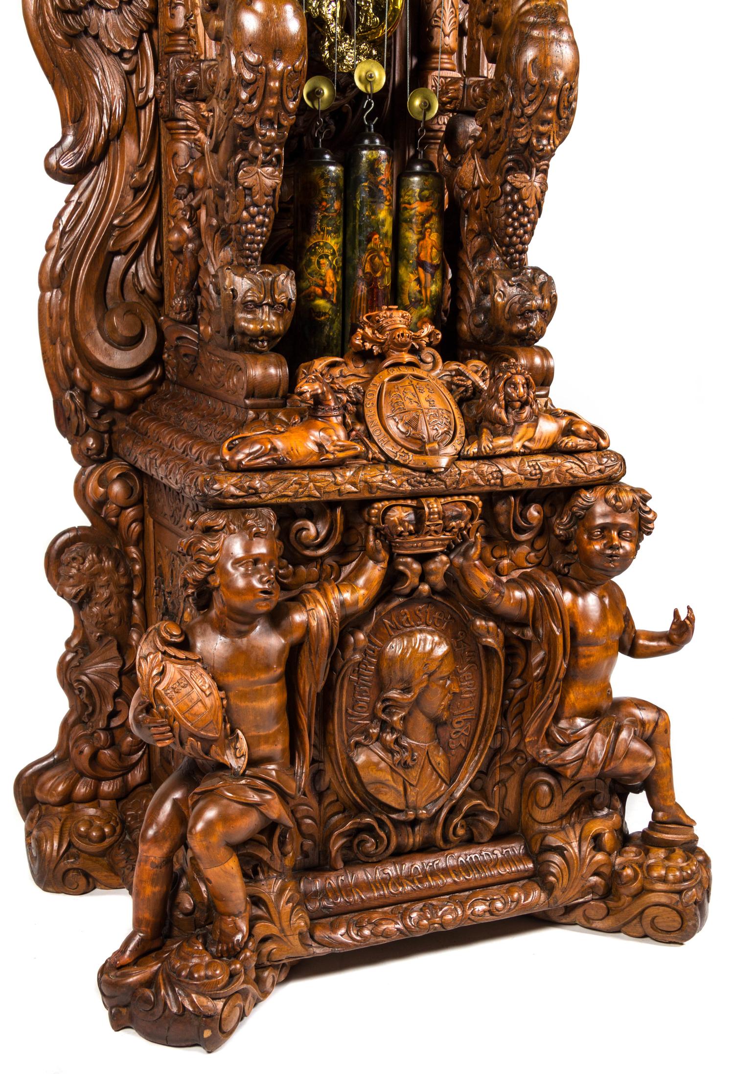 A Monumental English Carved Oak Tall Case Clock, LAST QUARTER 19TH CENTURY, Height 130 1/2 x width 48 x depth 33 inches. — LAST QUARTER 19TH CENTURY,