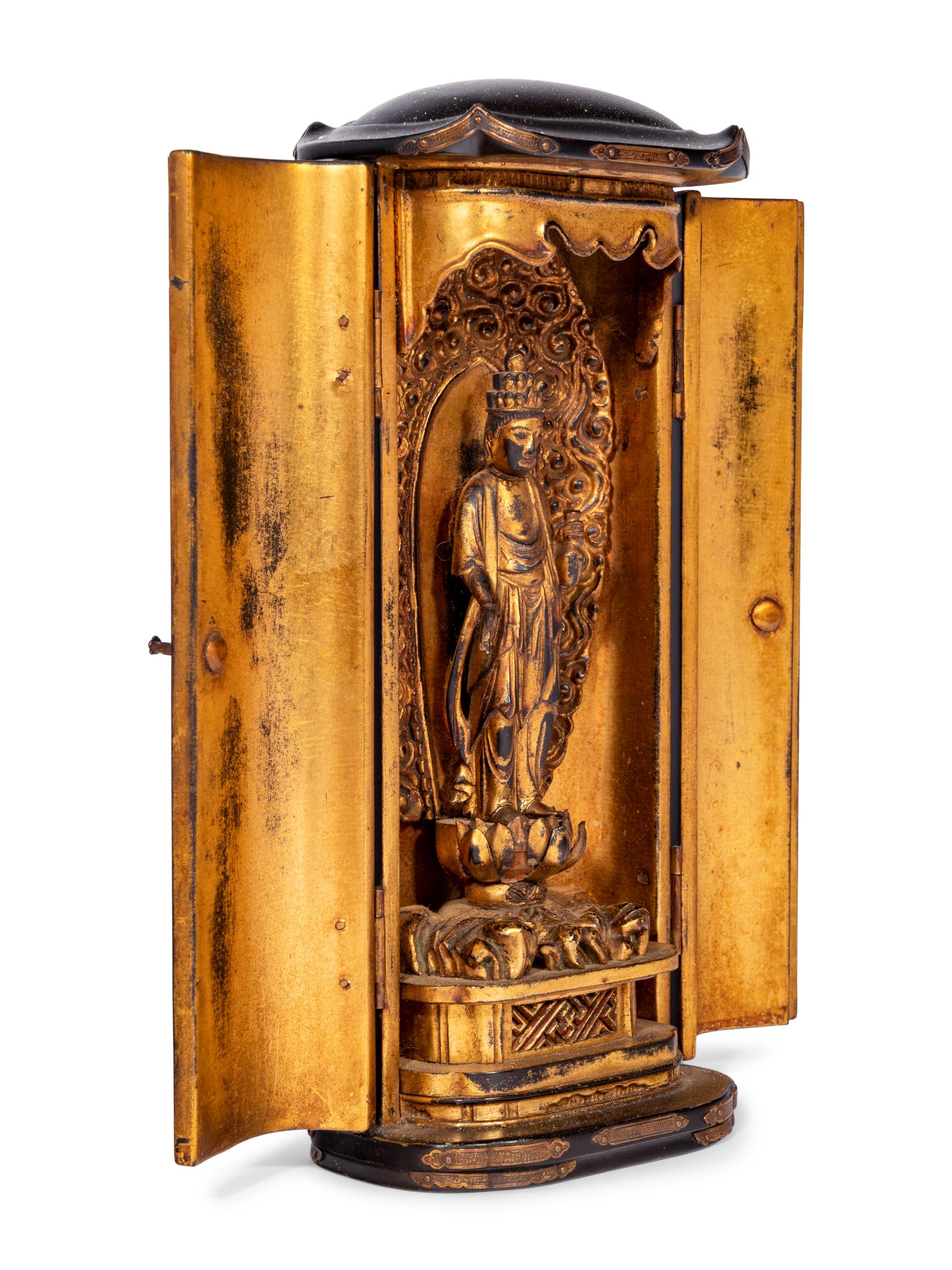 A Gilt Wood Figure of Standing Kannon and A Black and Gilt Wood Traveling Shrine
