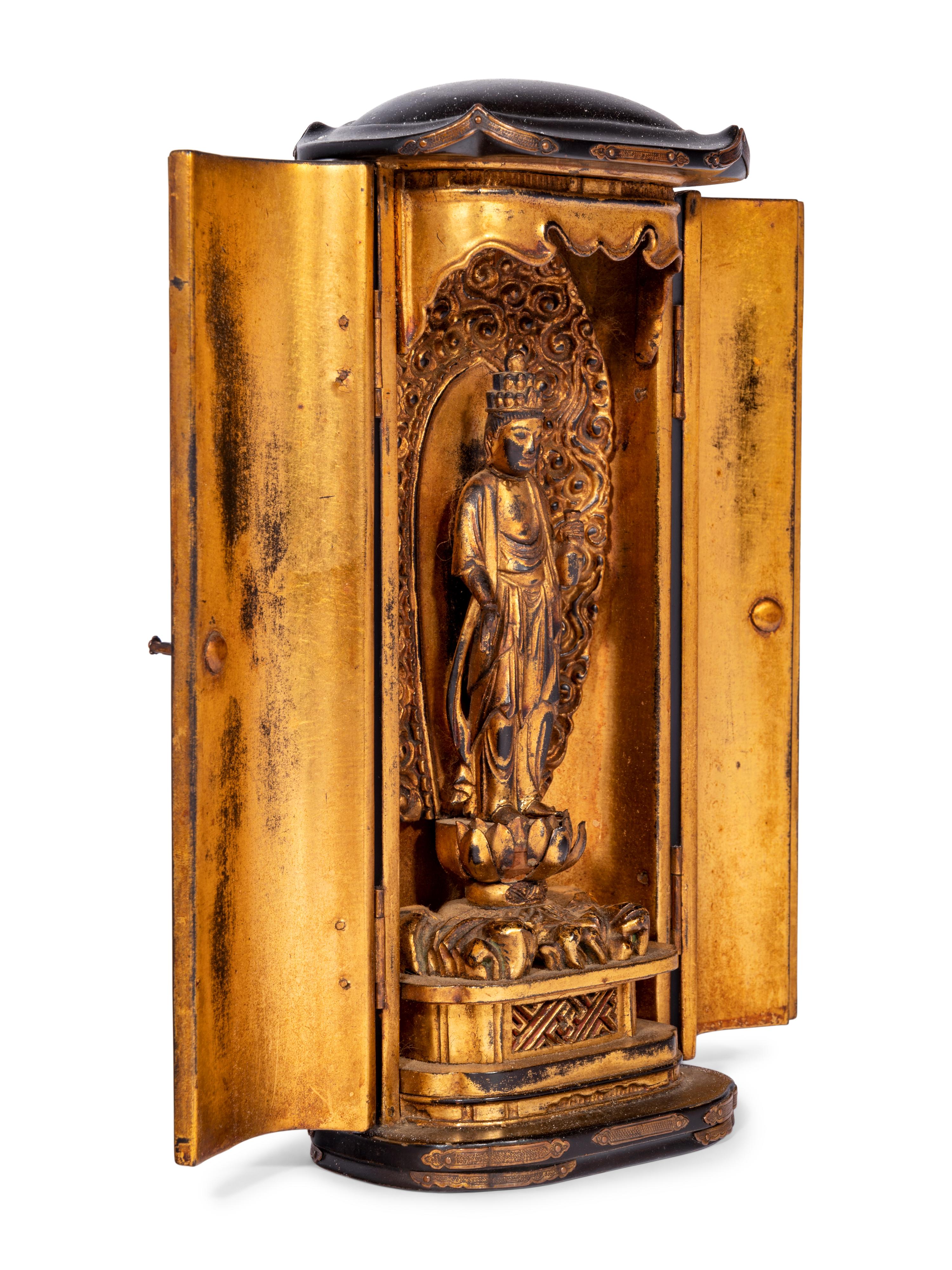 A Gilt Wood Figure of Standing Kannon and A Black and Gilt Wood Traveling Shrine